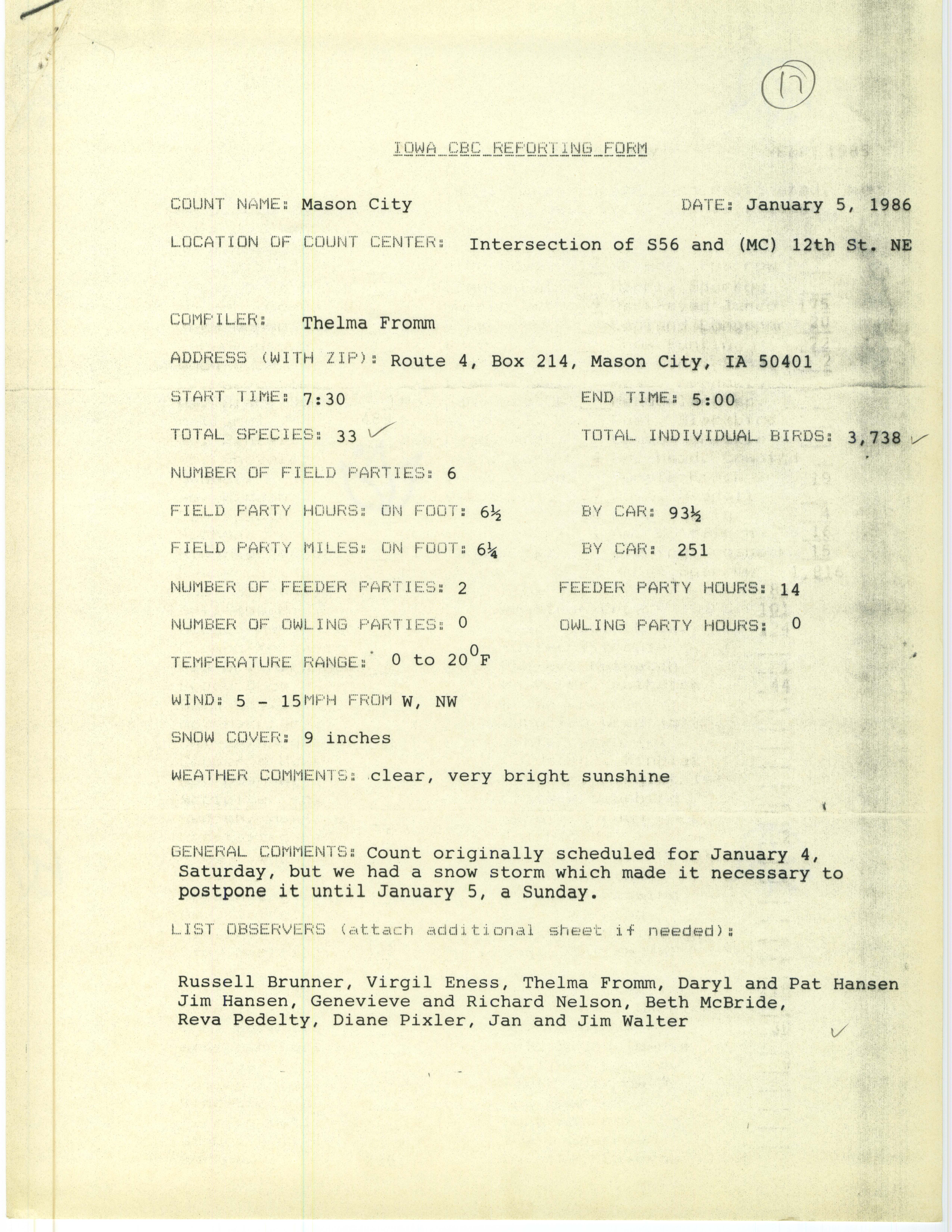 Iowa CBC reporting form, Mason City, January 5, 1986