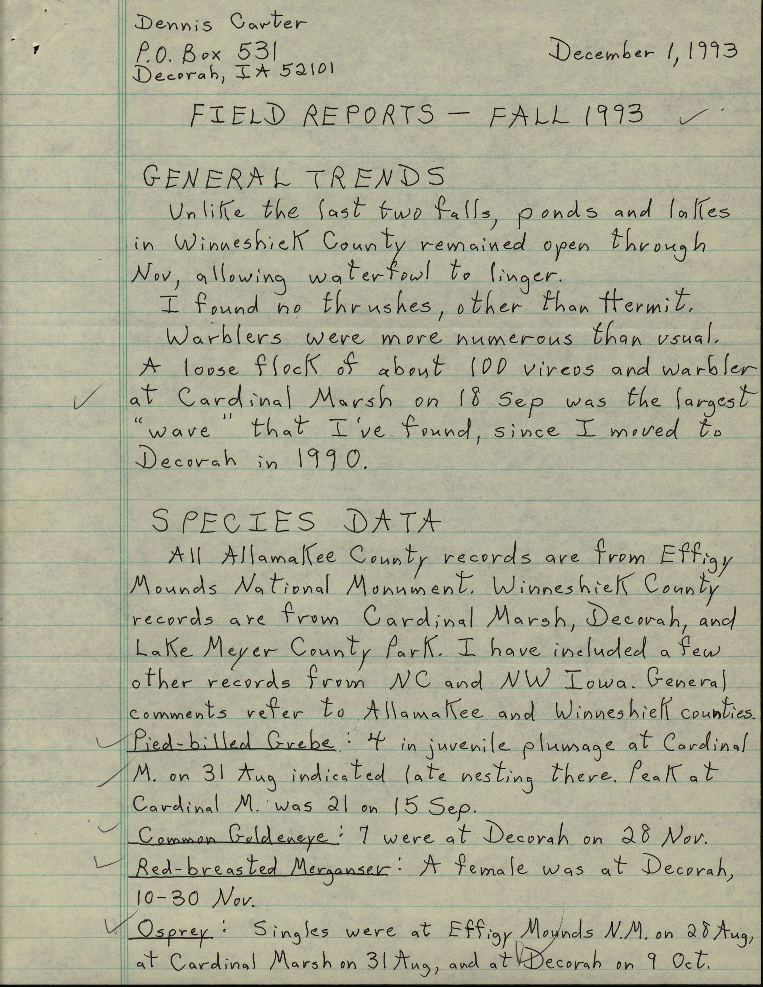 Field notes contributed by Dennis L. Carter, December 1, 1993