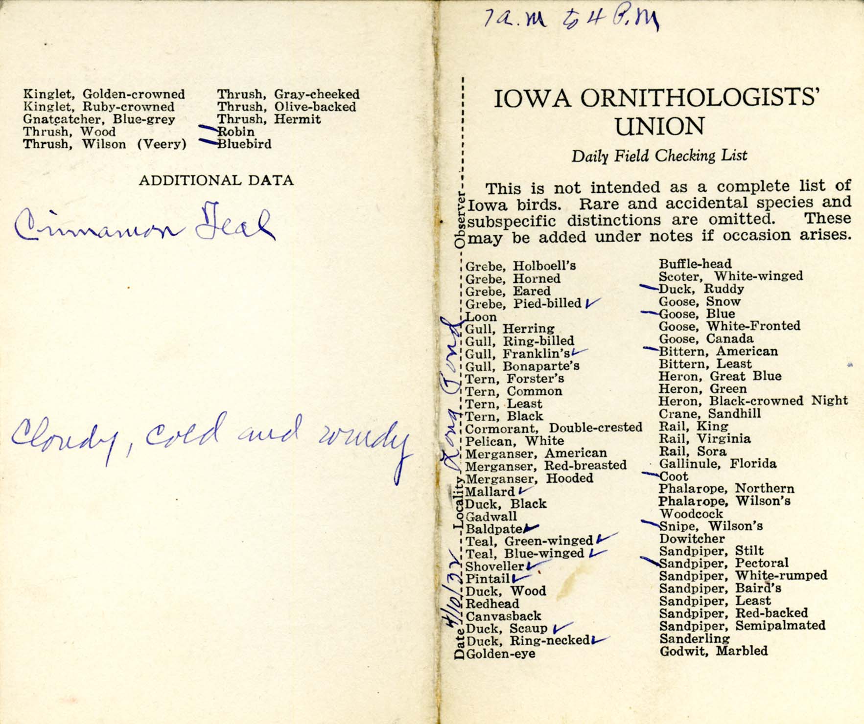 Daily field checking list, Walter Rosene, April 10, 1932 copy
