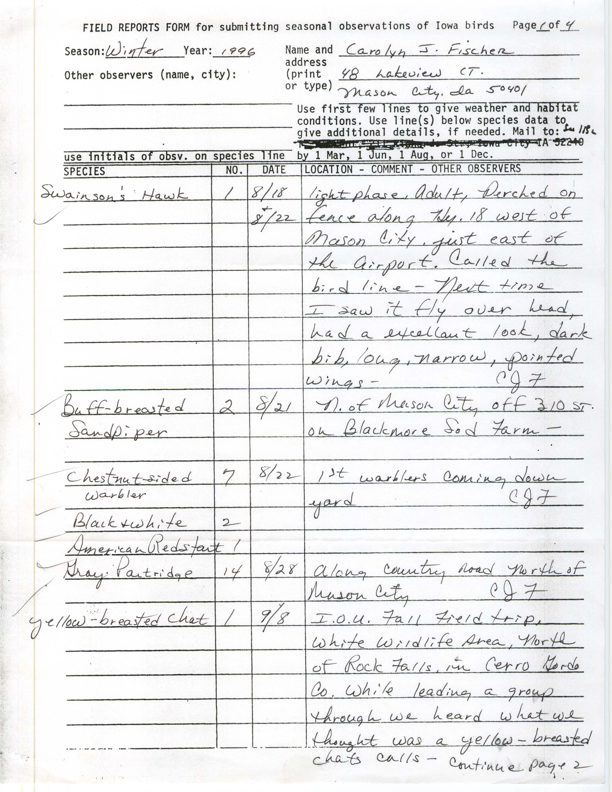 Field reports form for submitting seasonal observations of Iowa birds, Carolyn J. Fischer, fall 1996