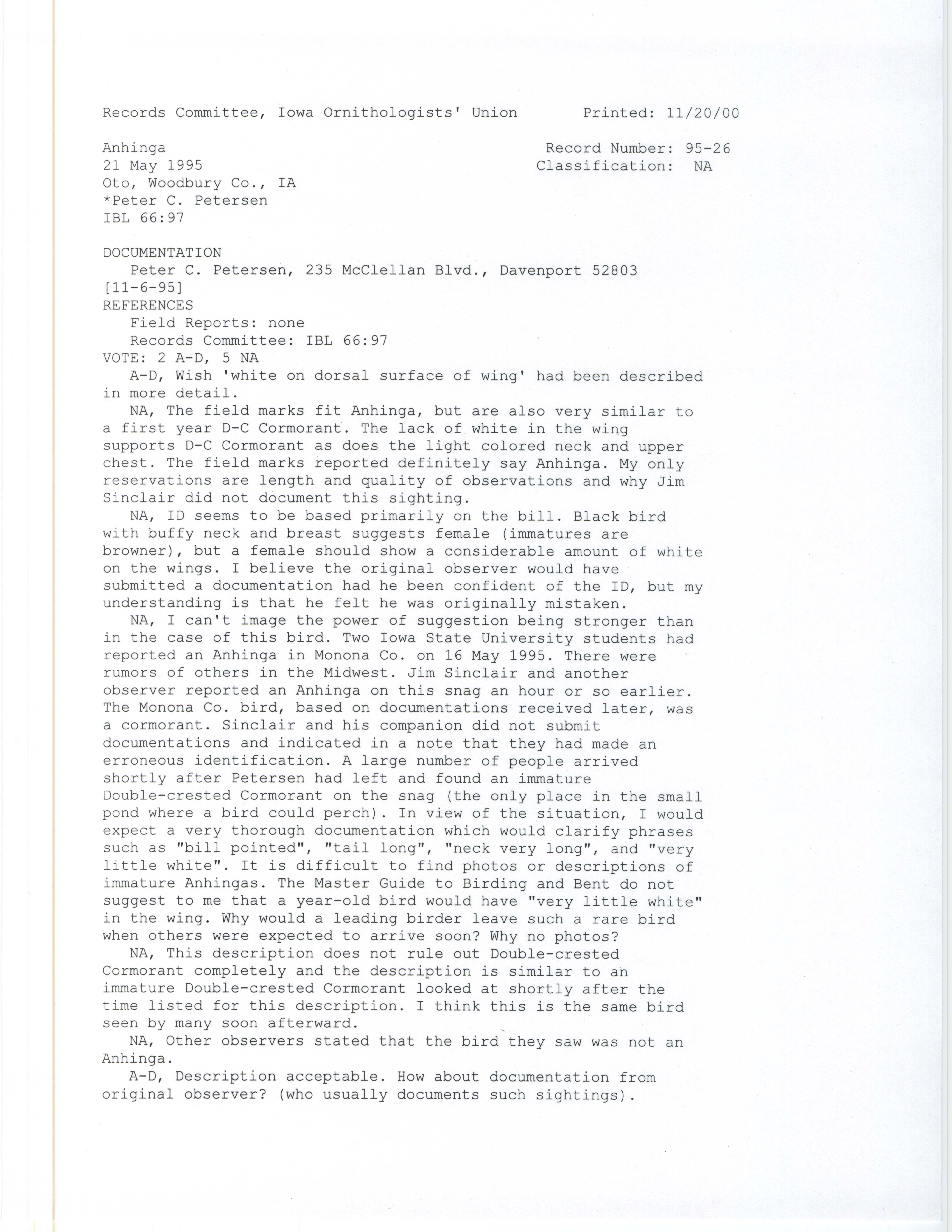 Records Committee review for rare bird sighting of Anhinga at Oto, 1995