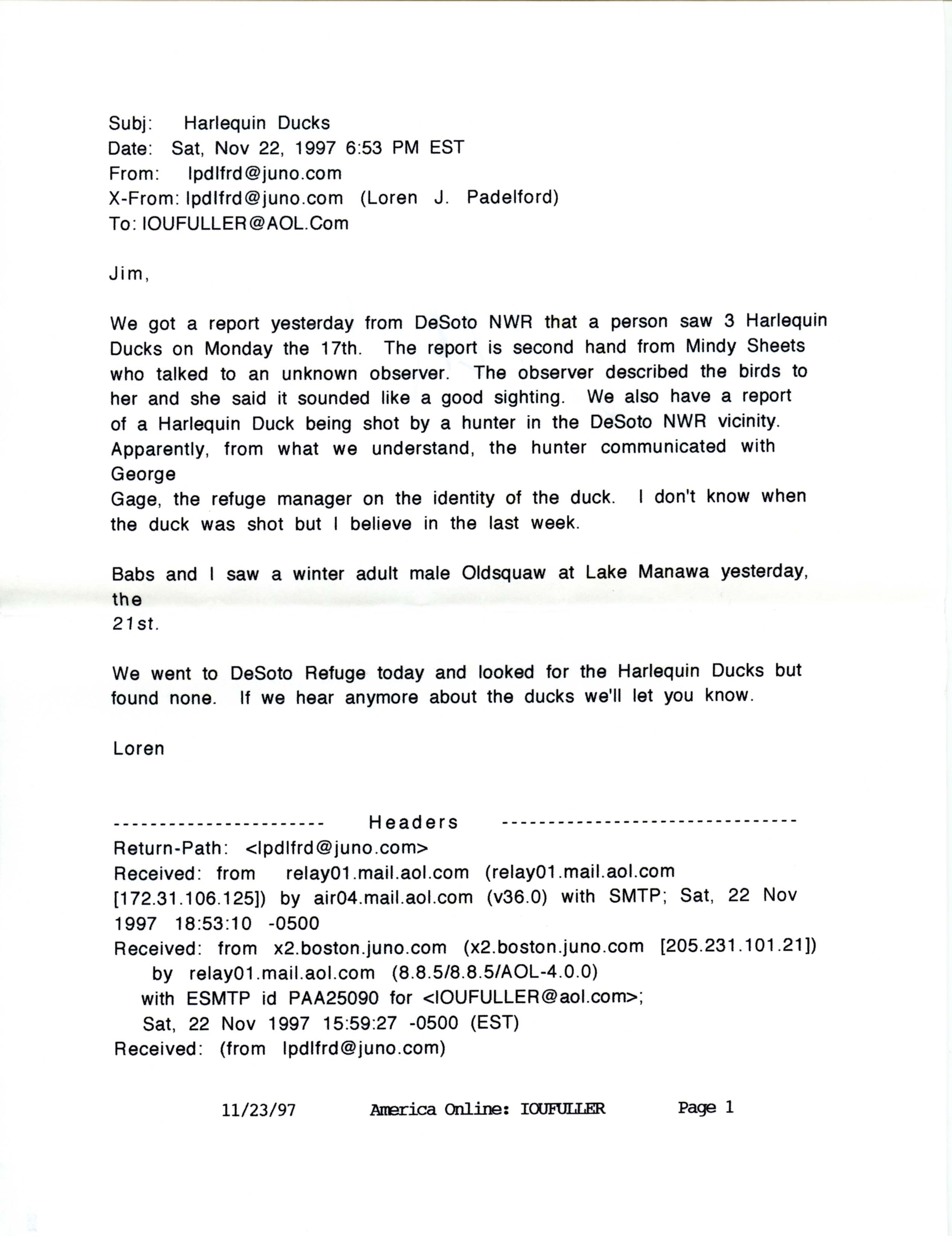 Loren Padelford email to James L. Fuller regarding a Harlequin Duck sighting, November 22, 1997