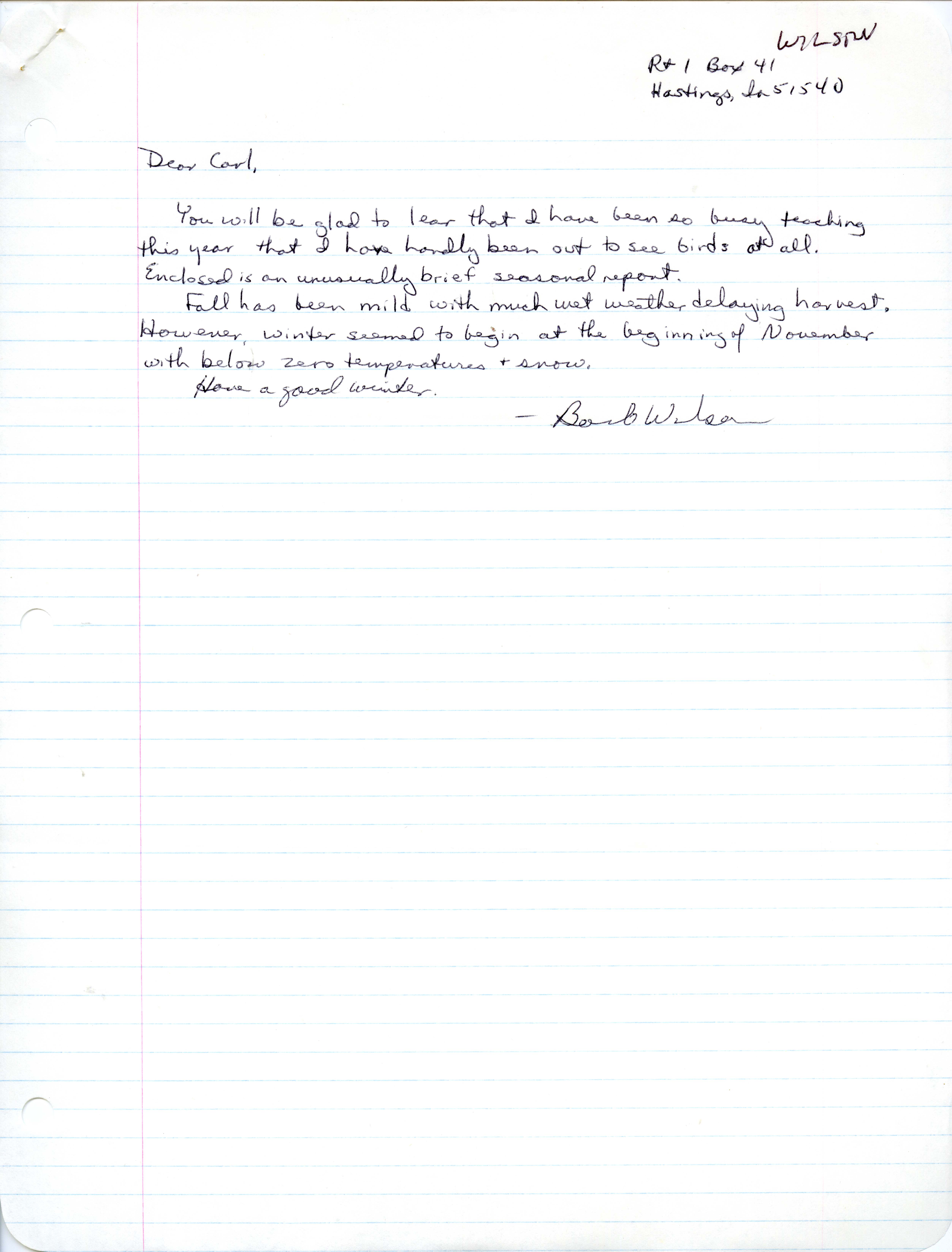 Field notes and Barbara L. Wilson letter to Carl J. Bendorf, fall 1986