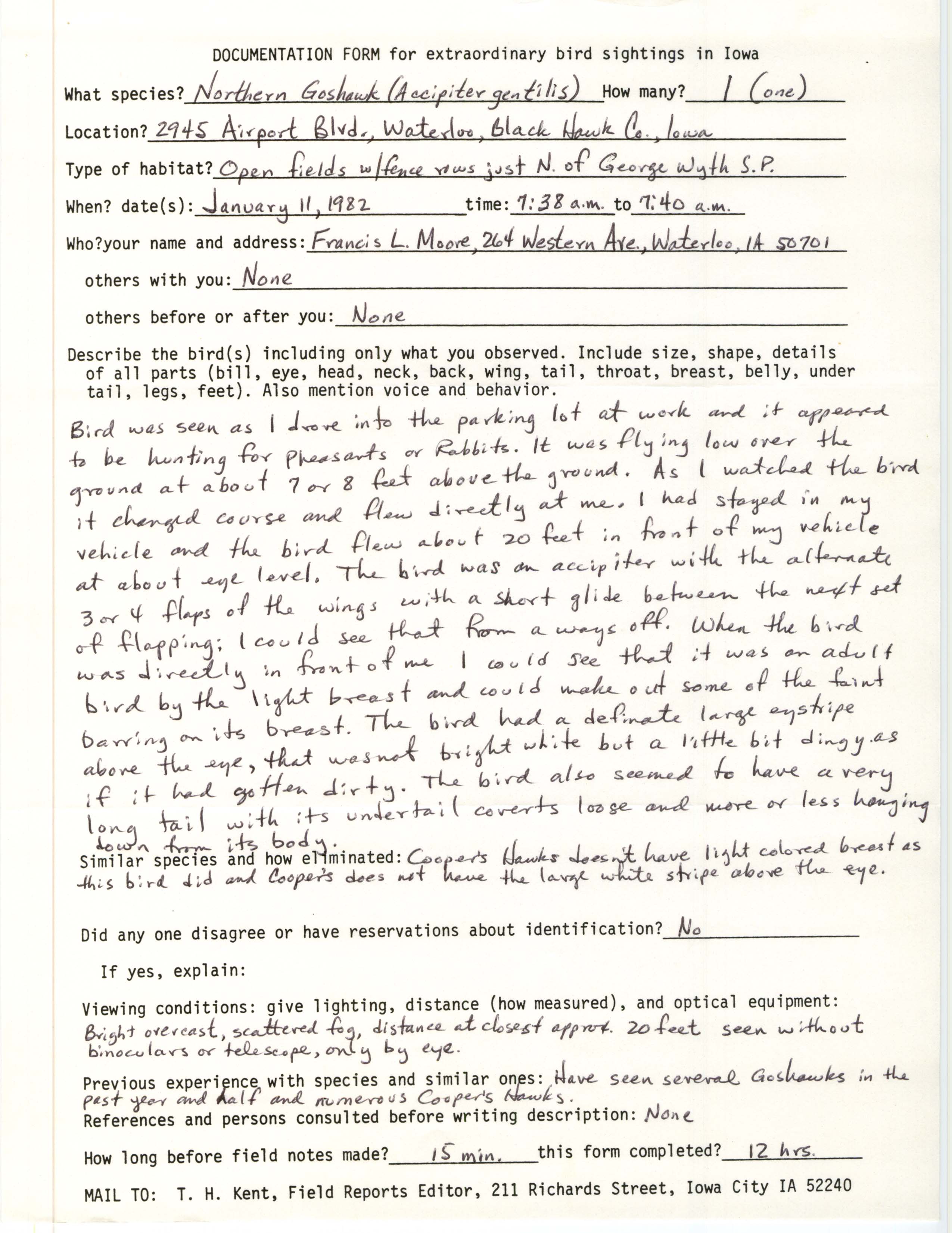 Rare bird documentation form for Northern Goshawk at Waterloo, 1982