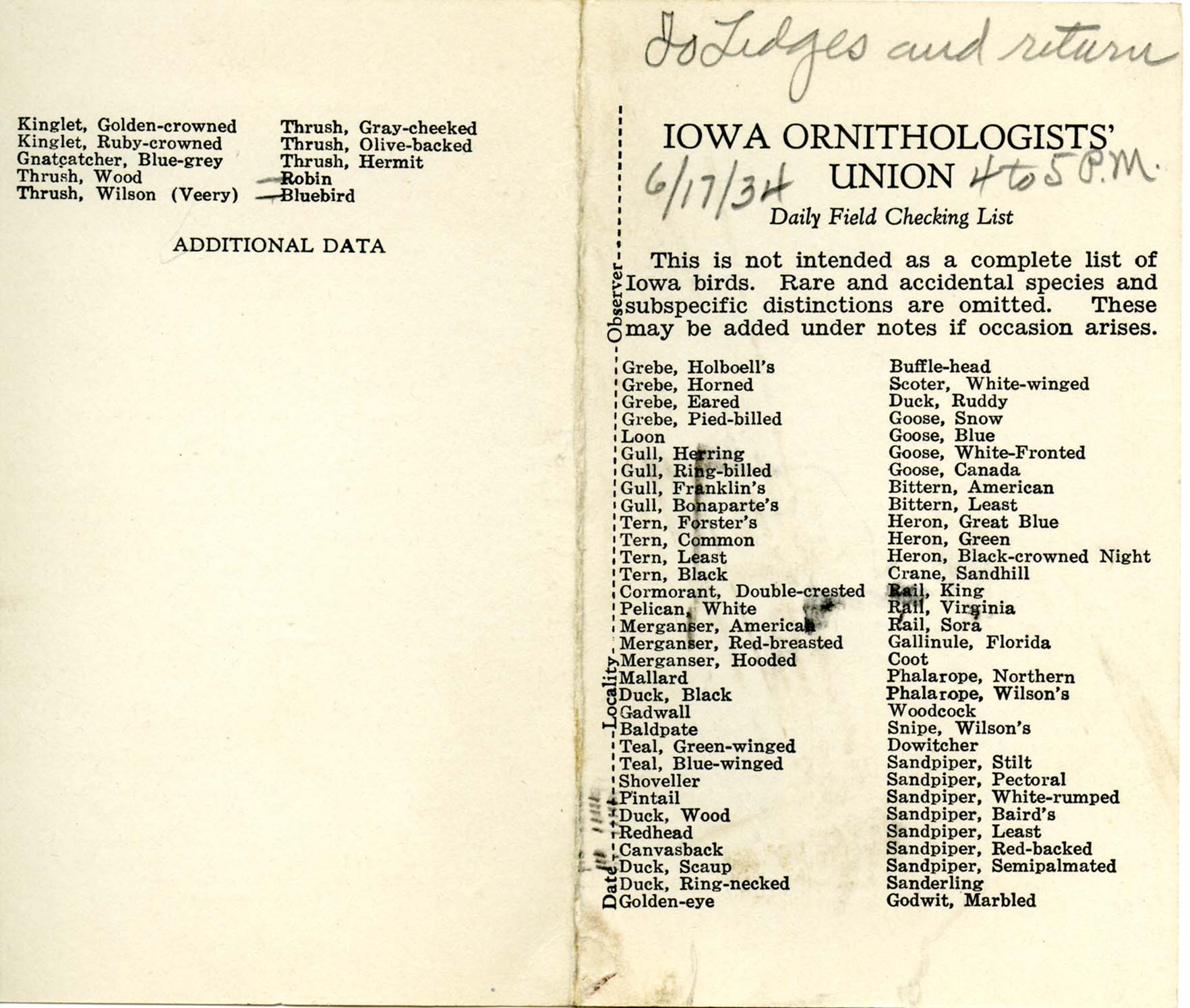 Daily field checking list, Walter Rosene, June 17, 1934