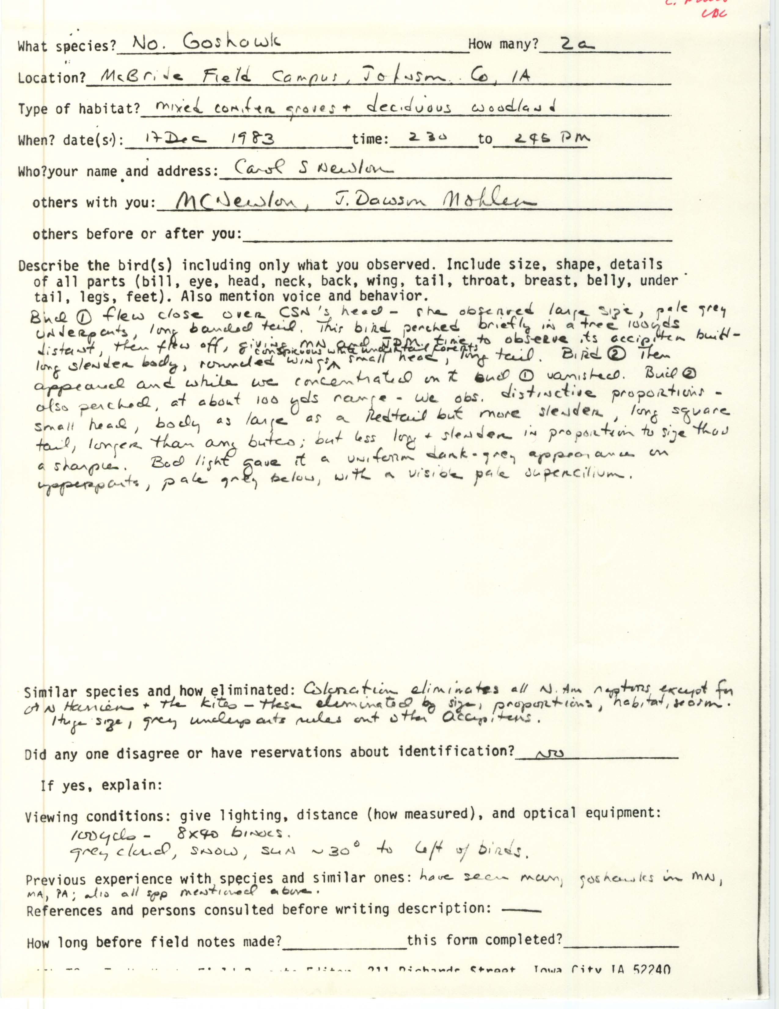 Rare bird documentation form for Northern Goshawk at MacBride Field Campus, 1983