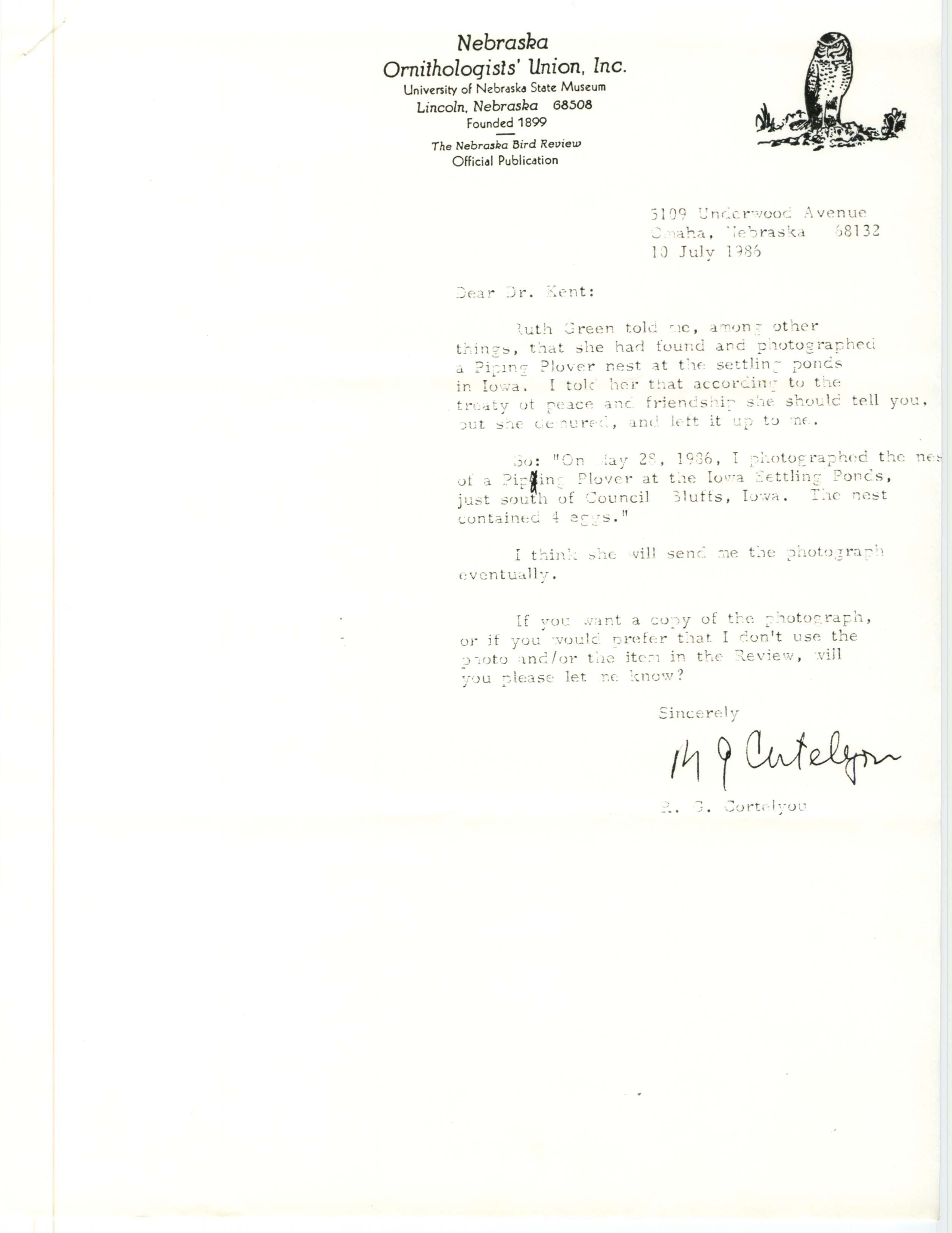 Two letters sent between Rushton G. Cortelyou and Thomas H. Kent, regarding a Piping Plover sighting, July 1986