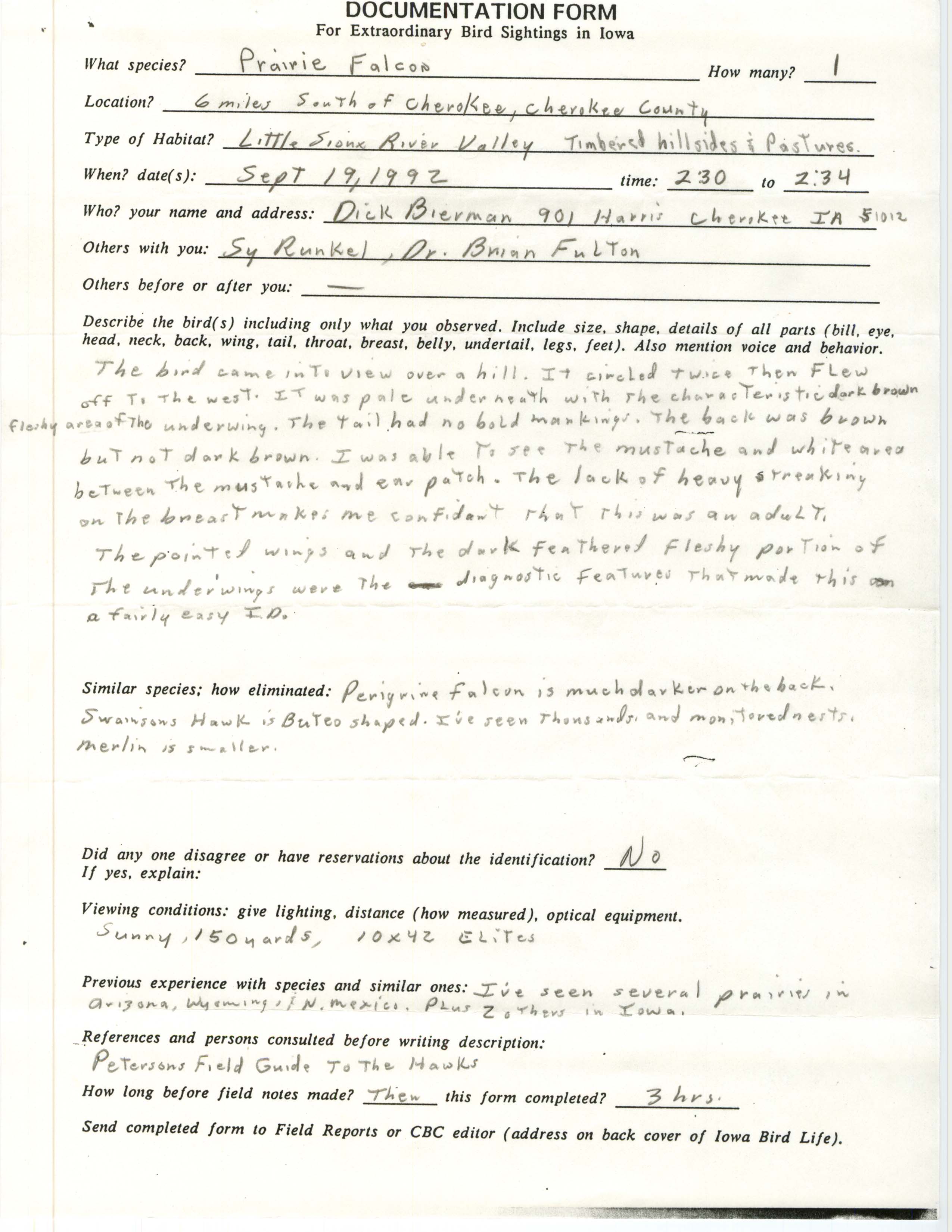 Rare bird documentation form for Prairie Falcon south of Cherokee, 1992