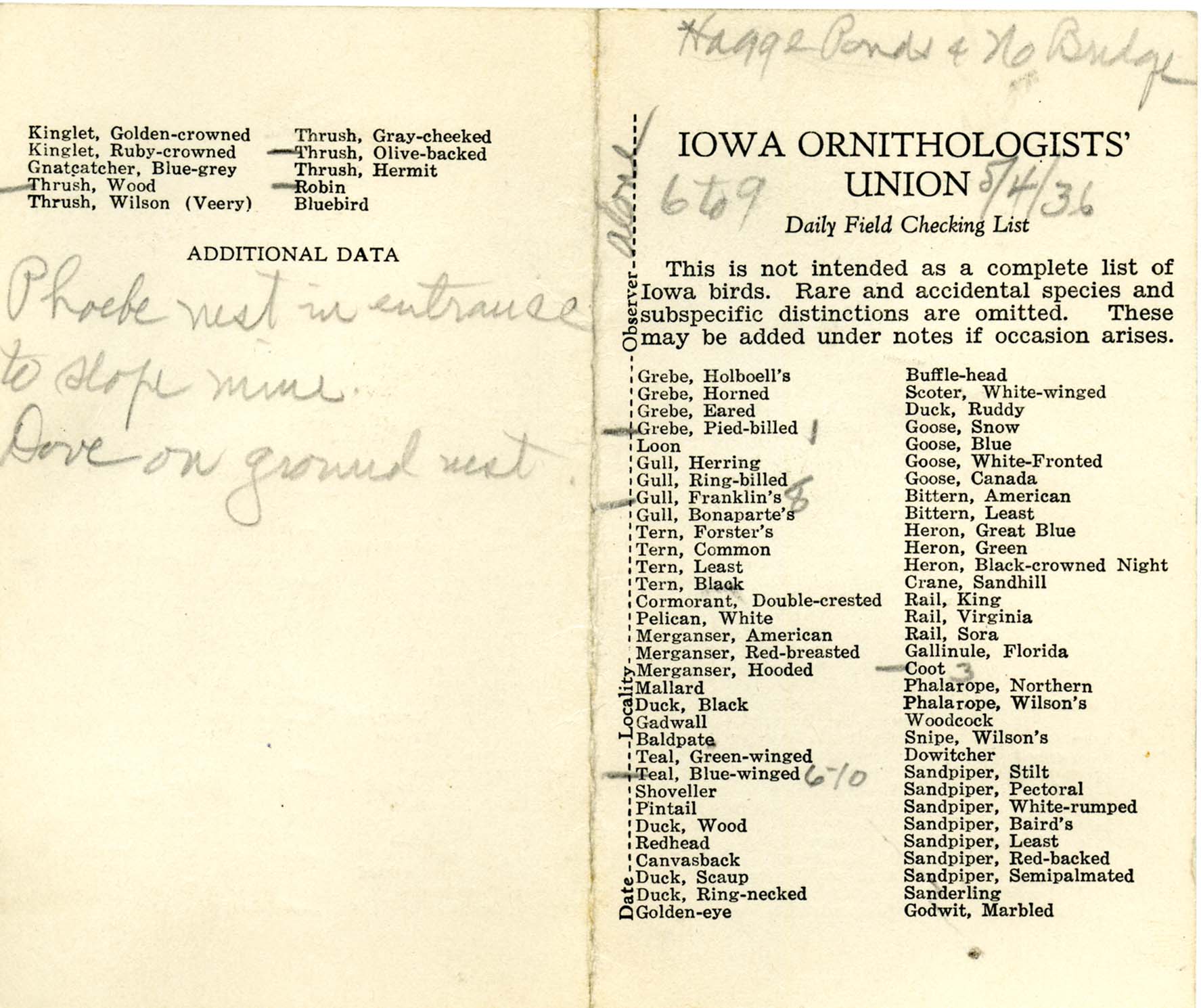 Daily field checking list by Walter Rosene, May 4, 1936