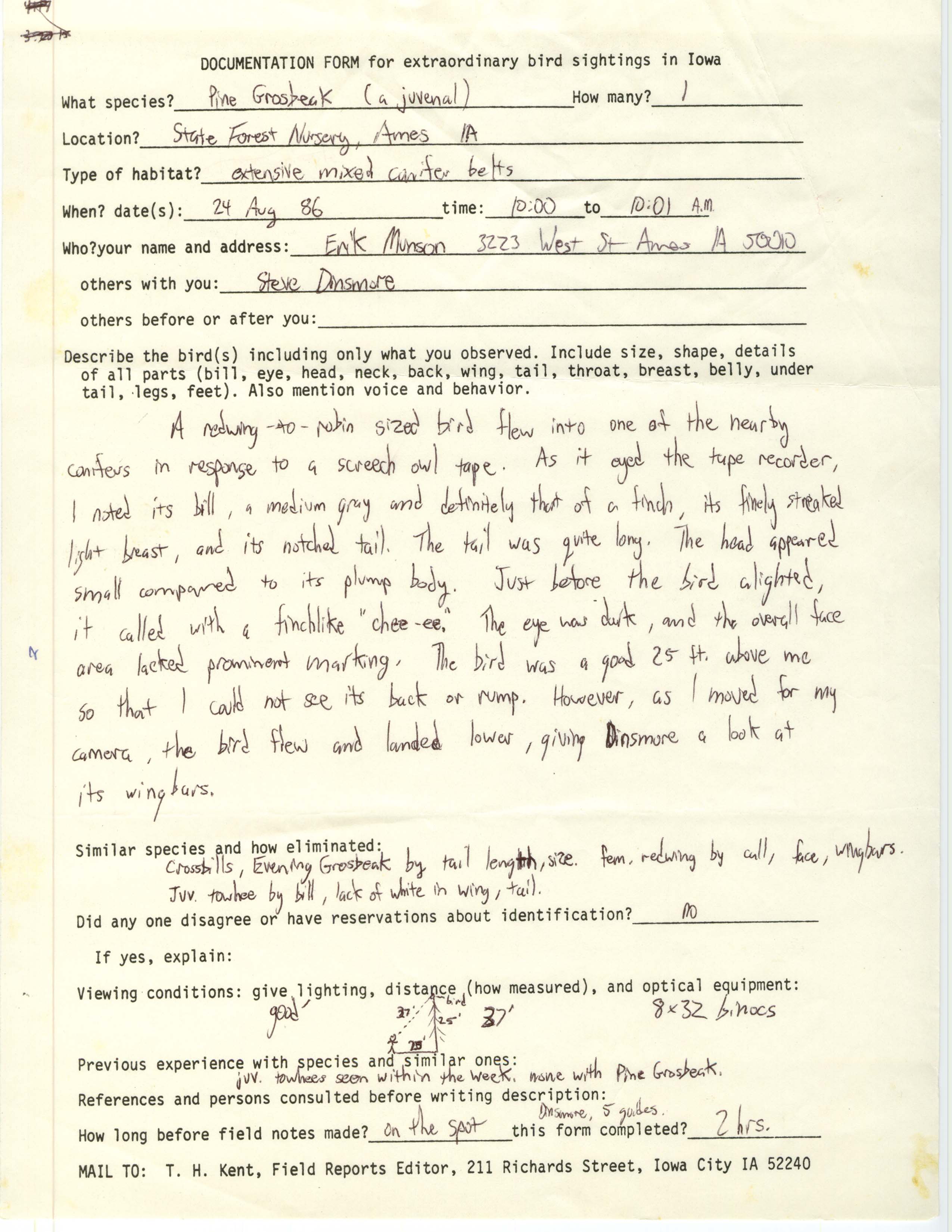 Rare bird documentation form for Pine Grosbeak at State Forest Nursery in Ames, 1986