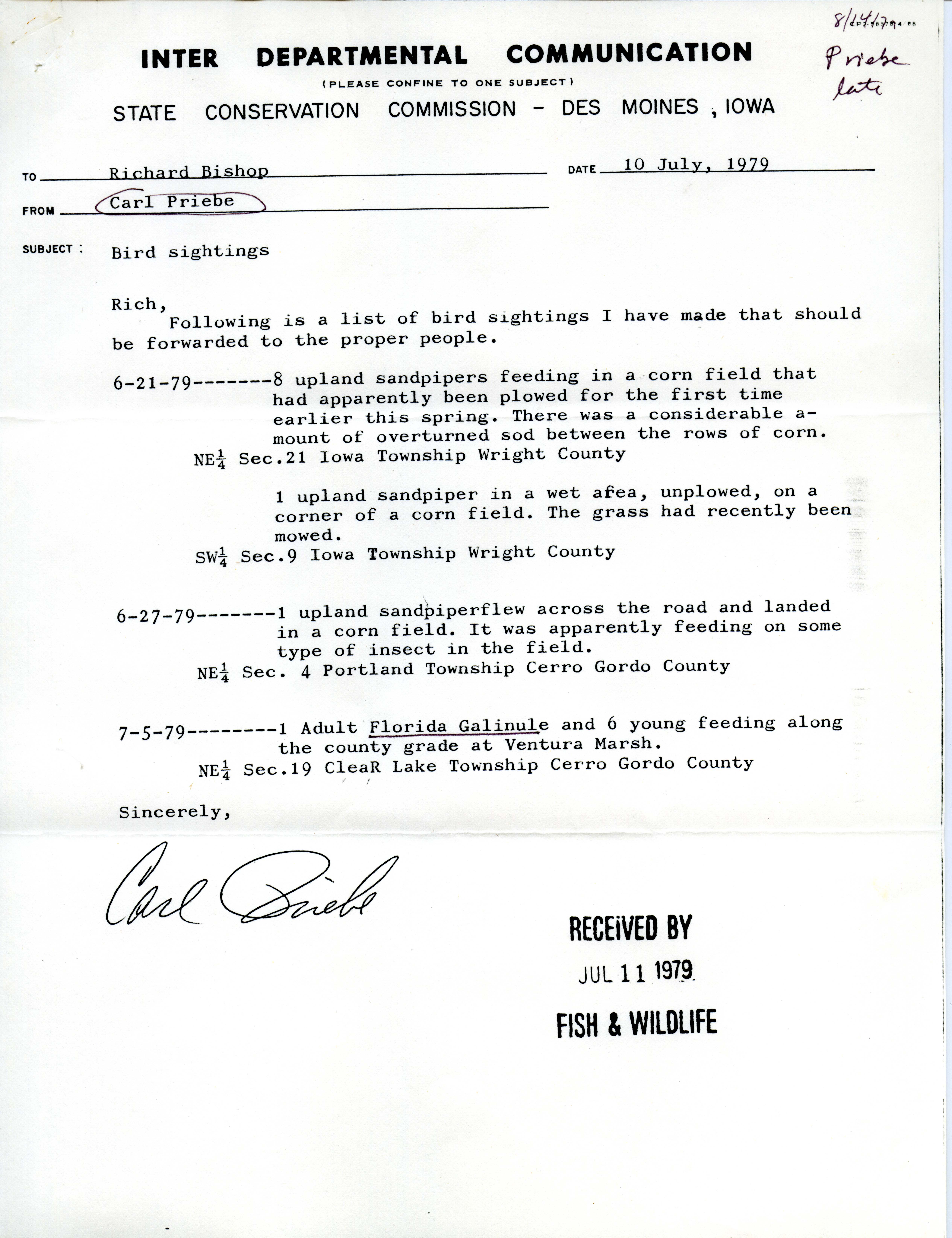 Carl Priebe letter to Richard Bishop regarding bird sightings, July 10, 1979 