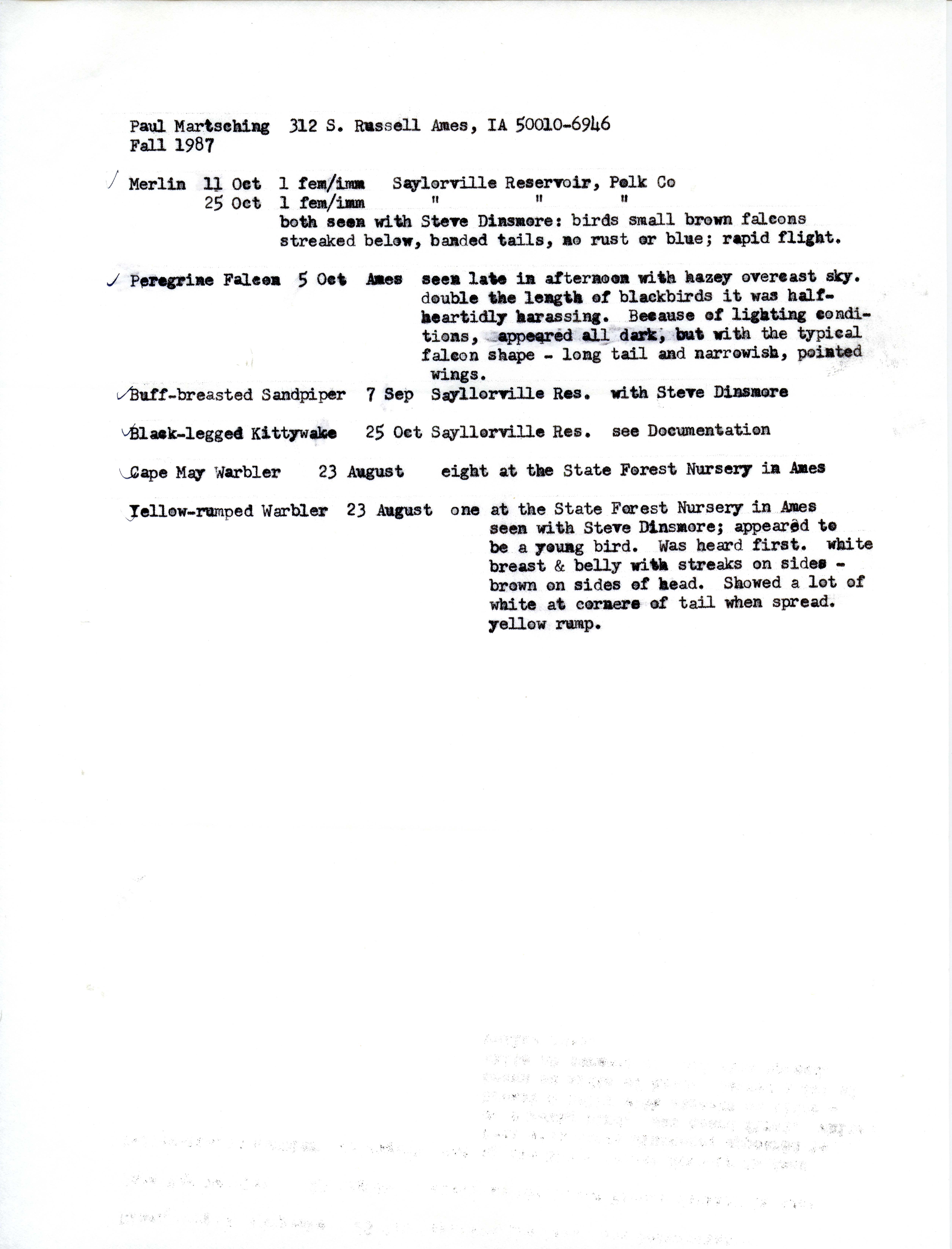 Field notes contributed by Paul Martsching, fall 1987