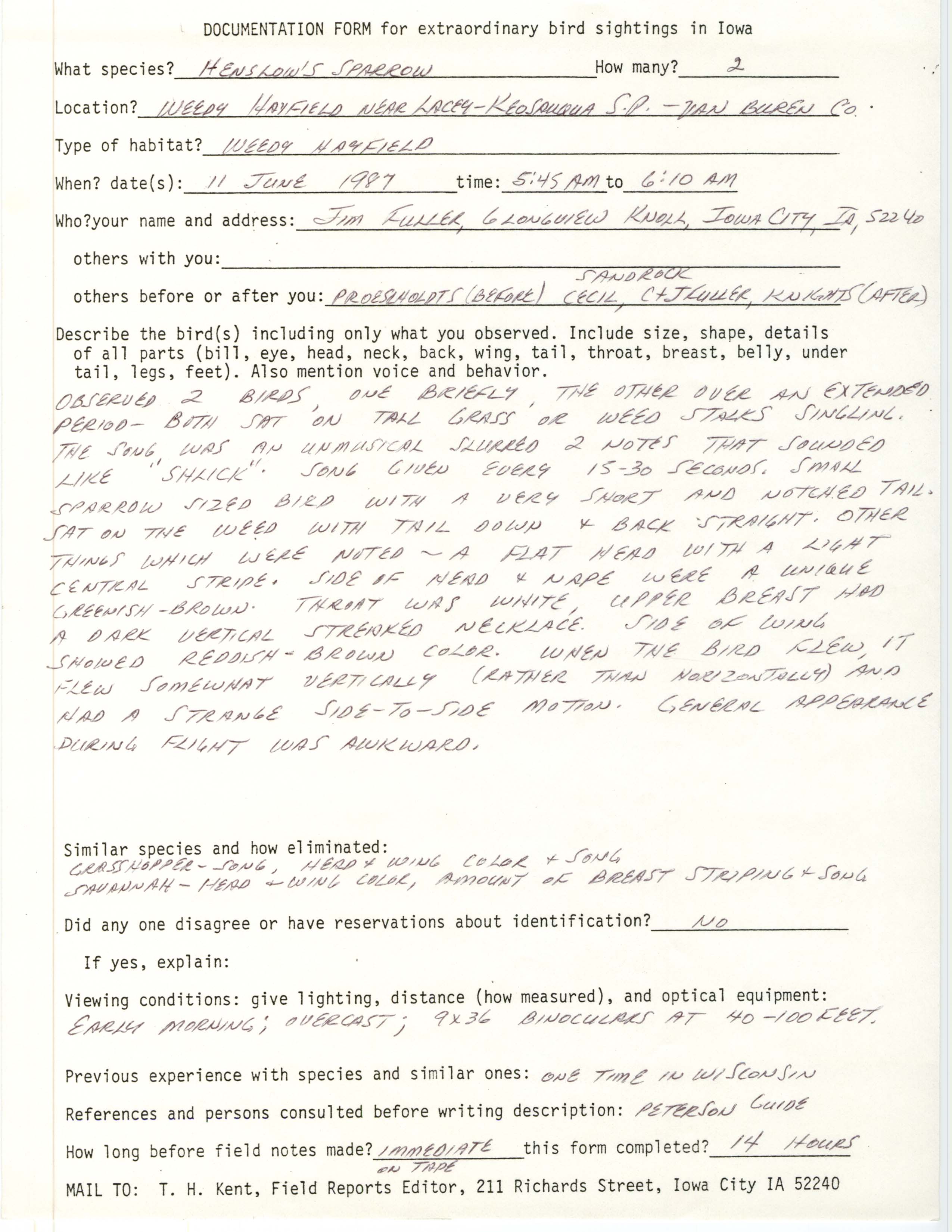Rare bird documentation form for Henslow's Sparrow near Lacey-Keosauqua State Park, 1987