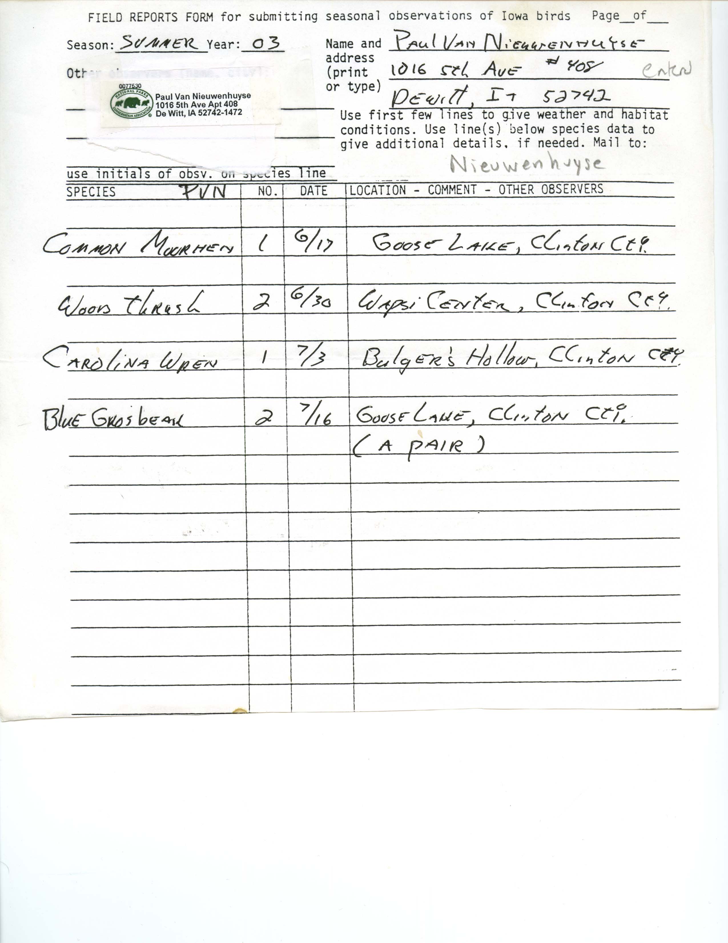 Field reports form for submitting seasonal observations of Iowa birds, Paul Van Nieuwenhuyse, summer 2003