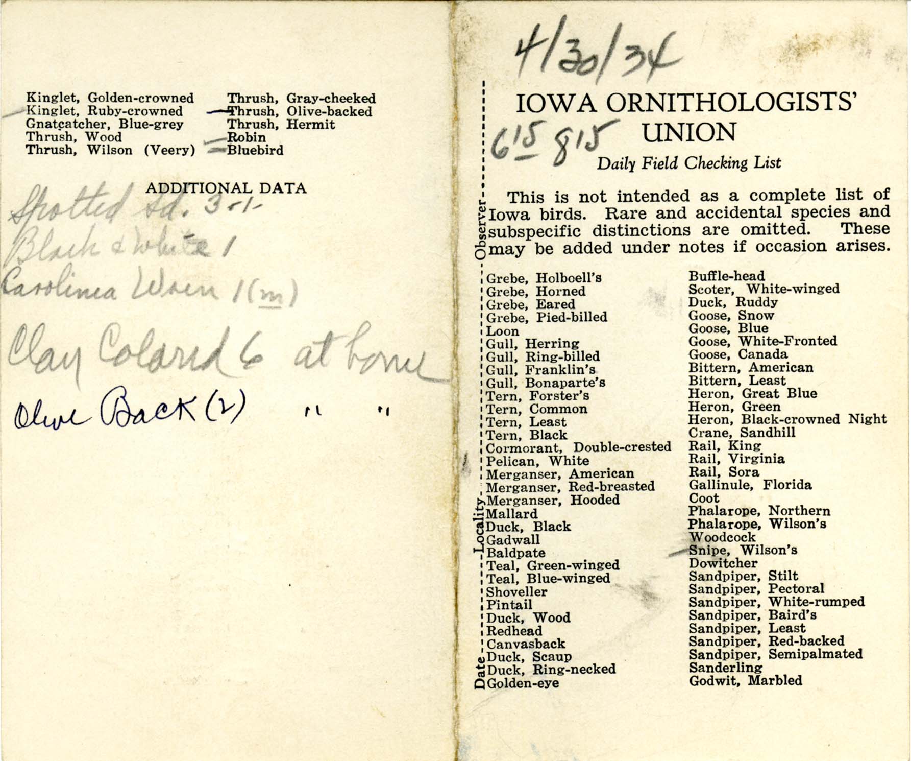 Daily field checking list, Walter Rosene, April 30, 1934
