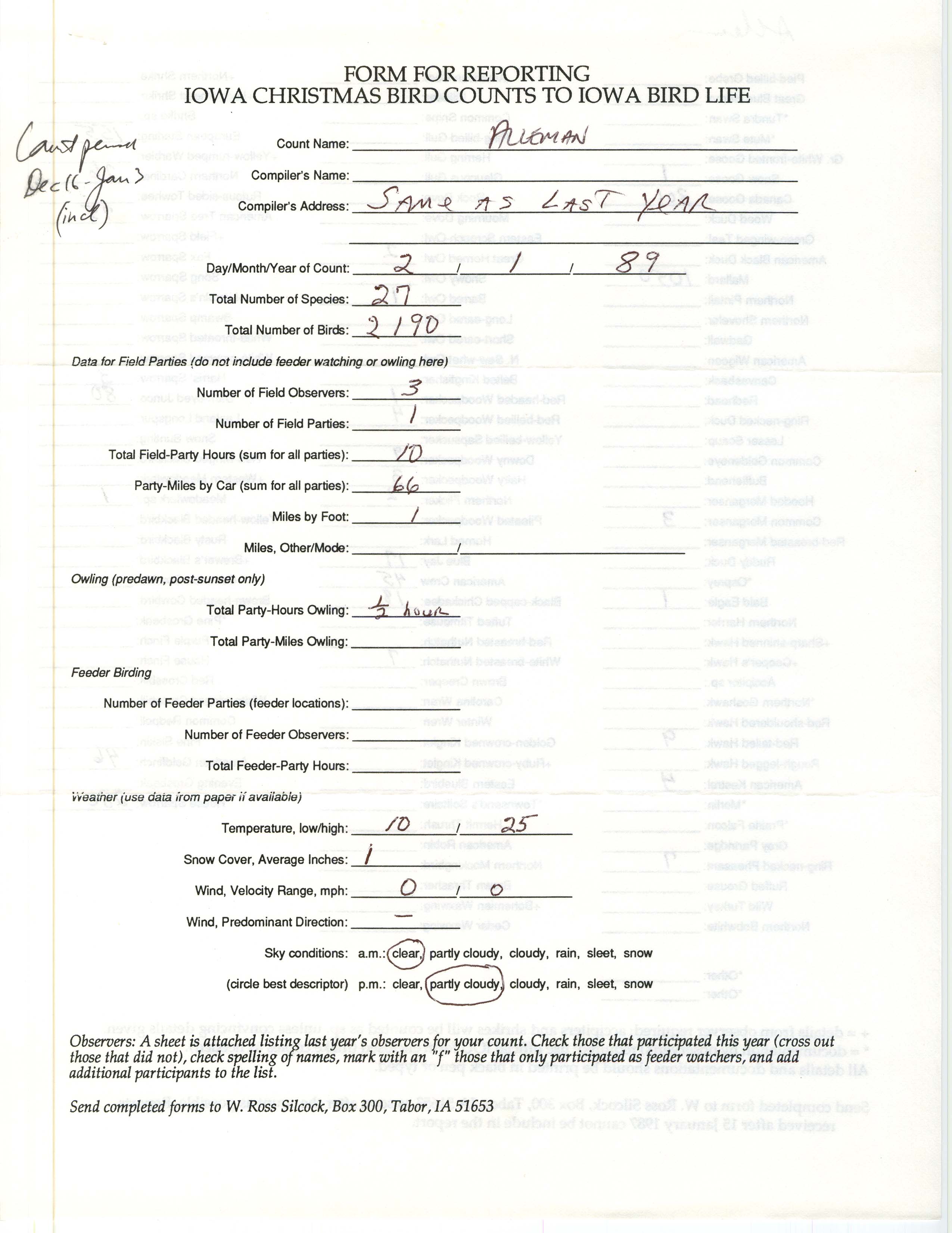 Form for reporting Iowa Christmas bird counts to Iowa Bird Life, Dean Mosman, January 2, 1989