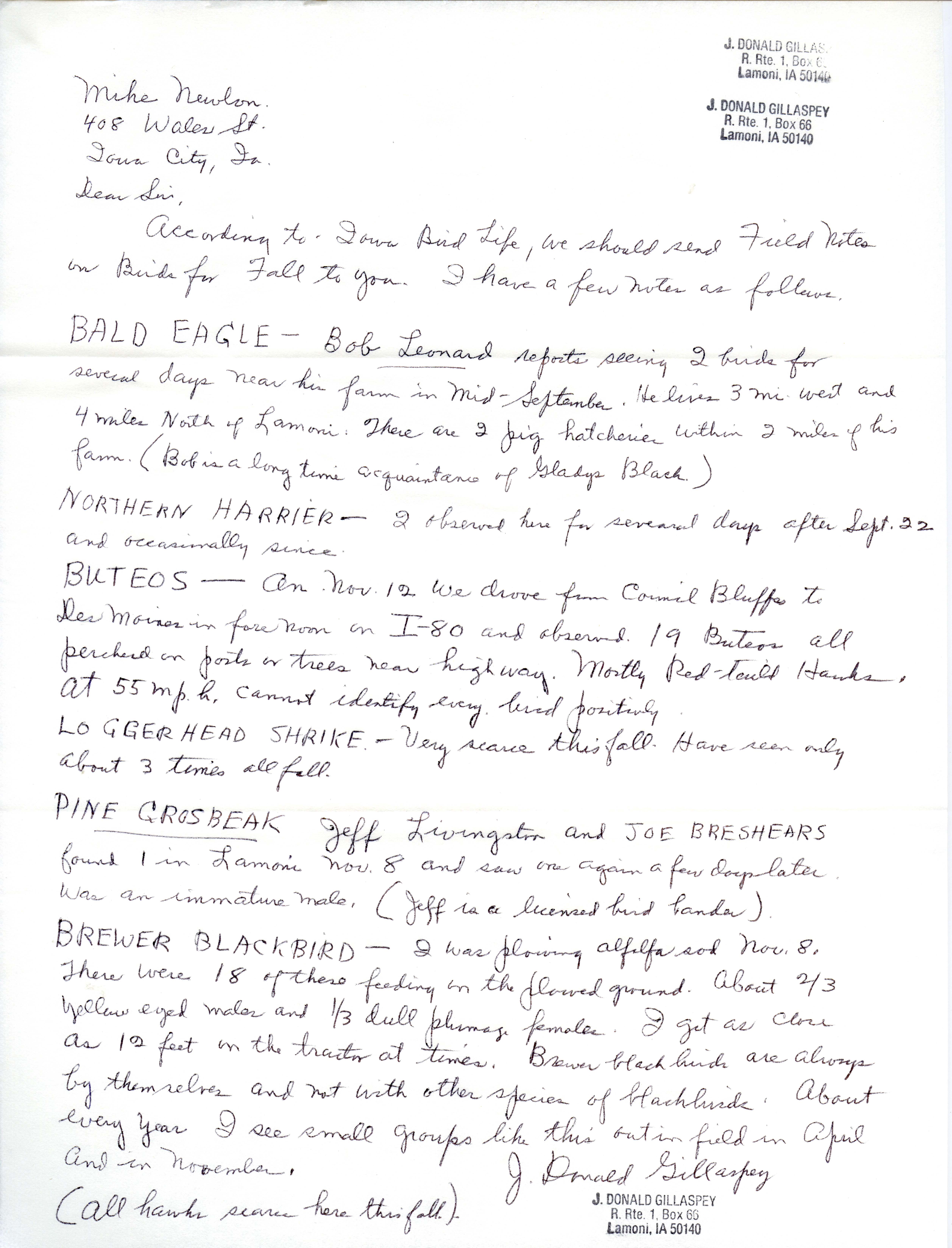 J. Donald Gillaspey letter to Michael C. Newlon regarding birds seen during fall 1984