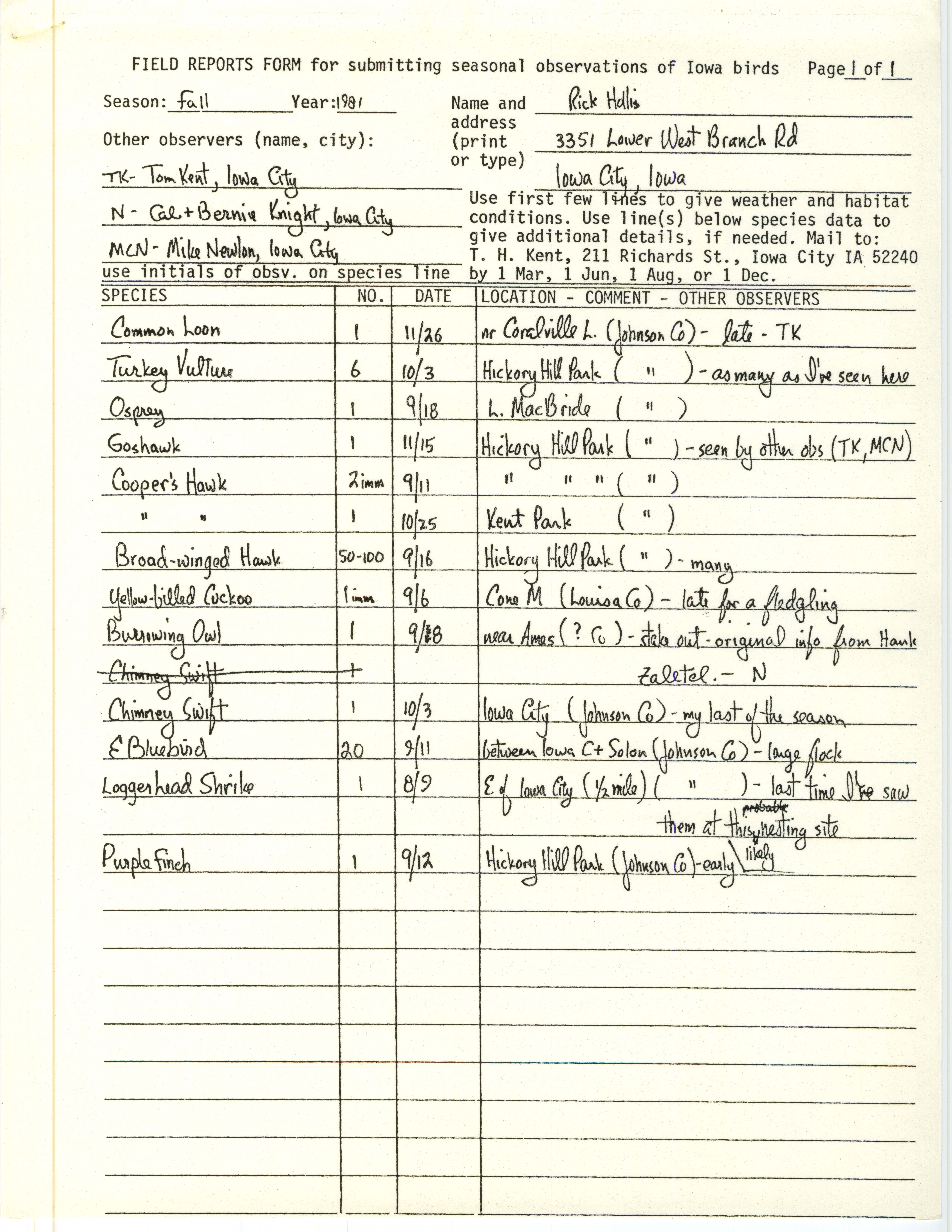 Field notes contributed by Richard Jule Holllis with verifying documentation, fall 1981