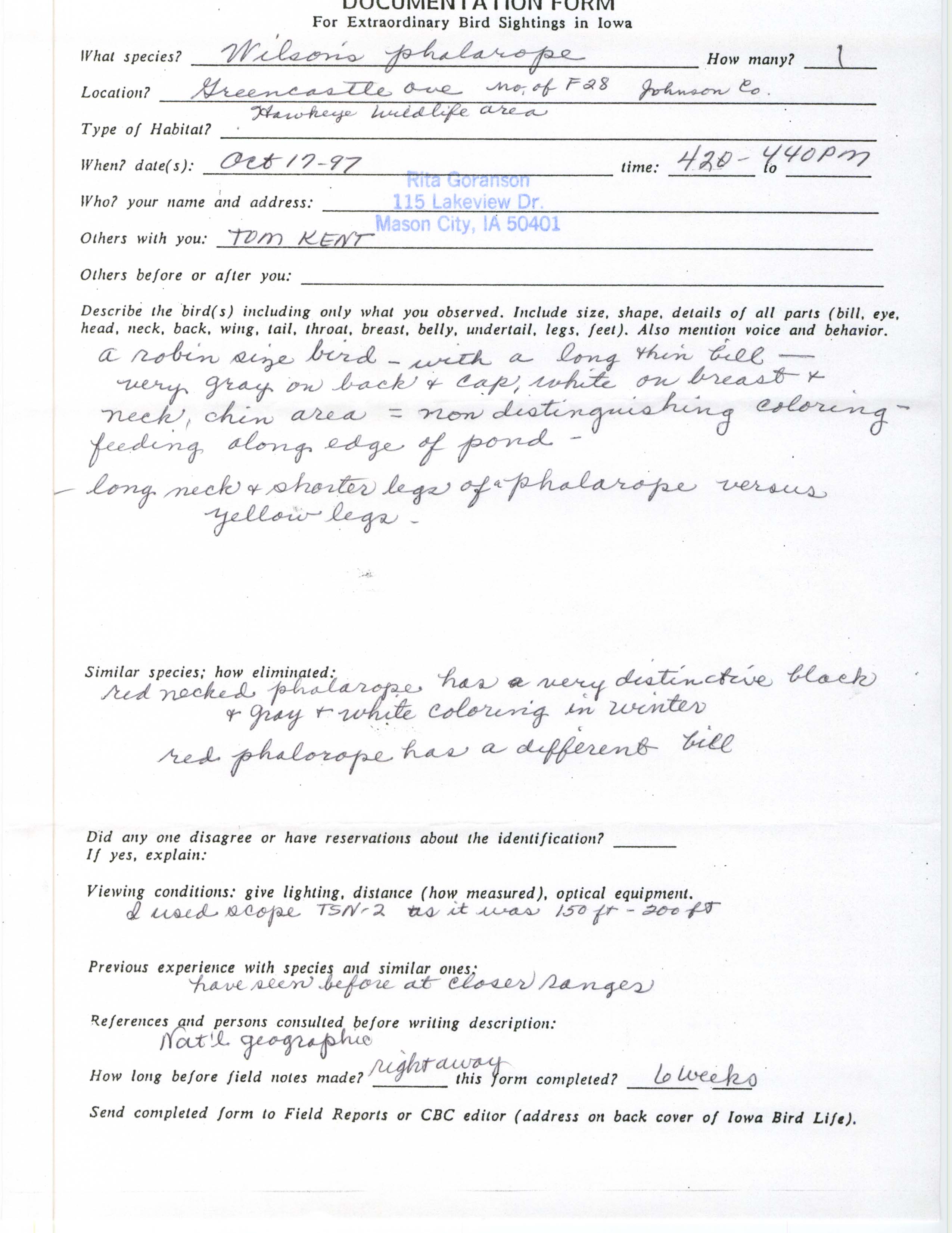Rare bird documentation form for Wilson's Phalarope at Hawkeye Wildlife Area, 1997