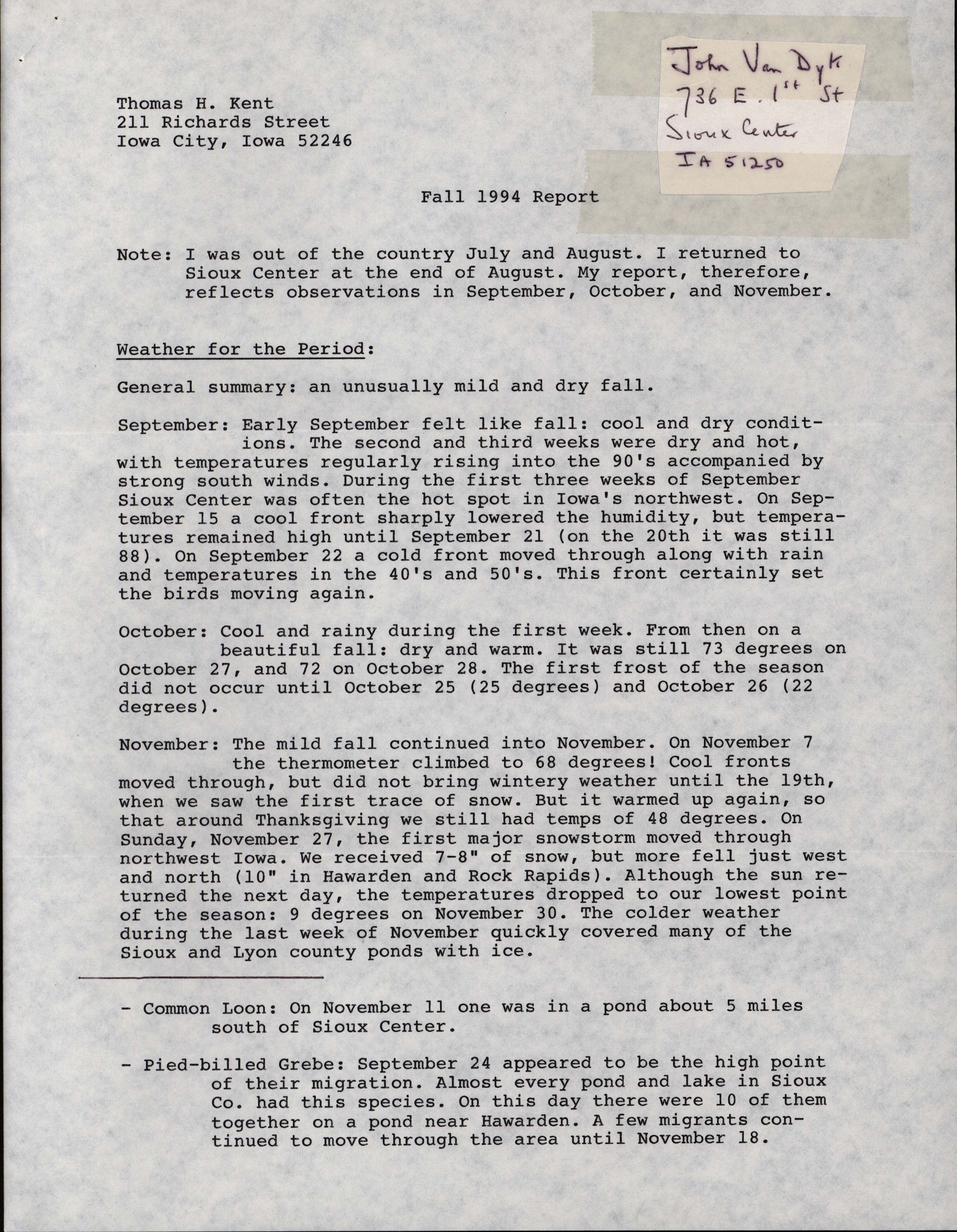 Fall 1994 report, John Van Dyk