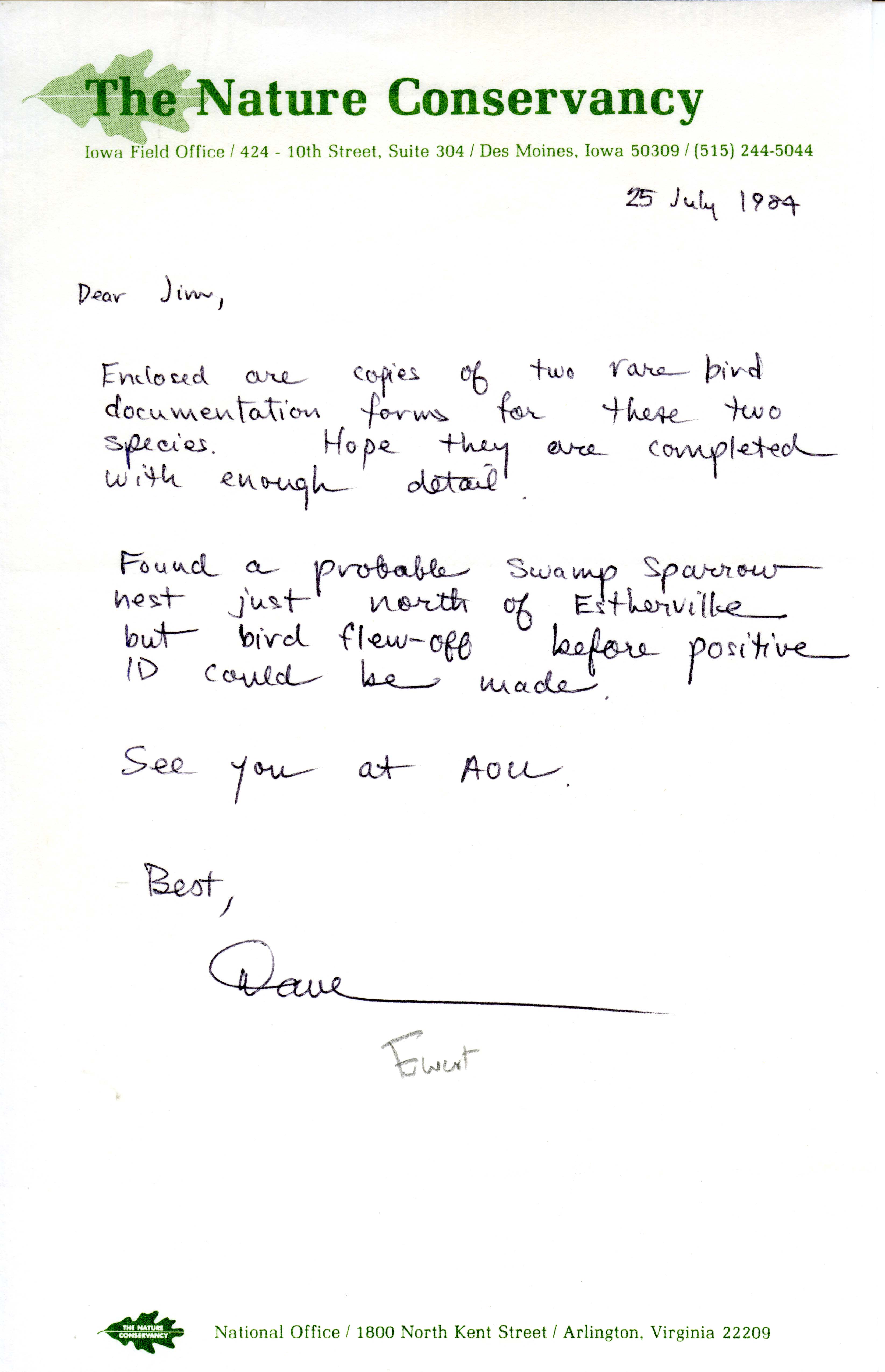David Ewert letter to James J. Dinsmore regarding rare bird documentation, July 25, 1984
