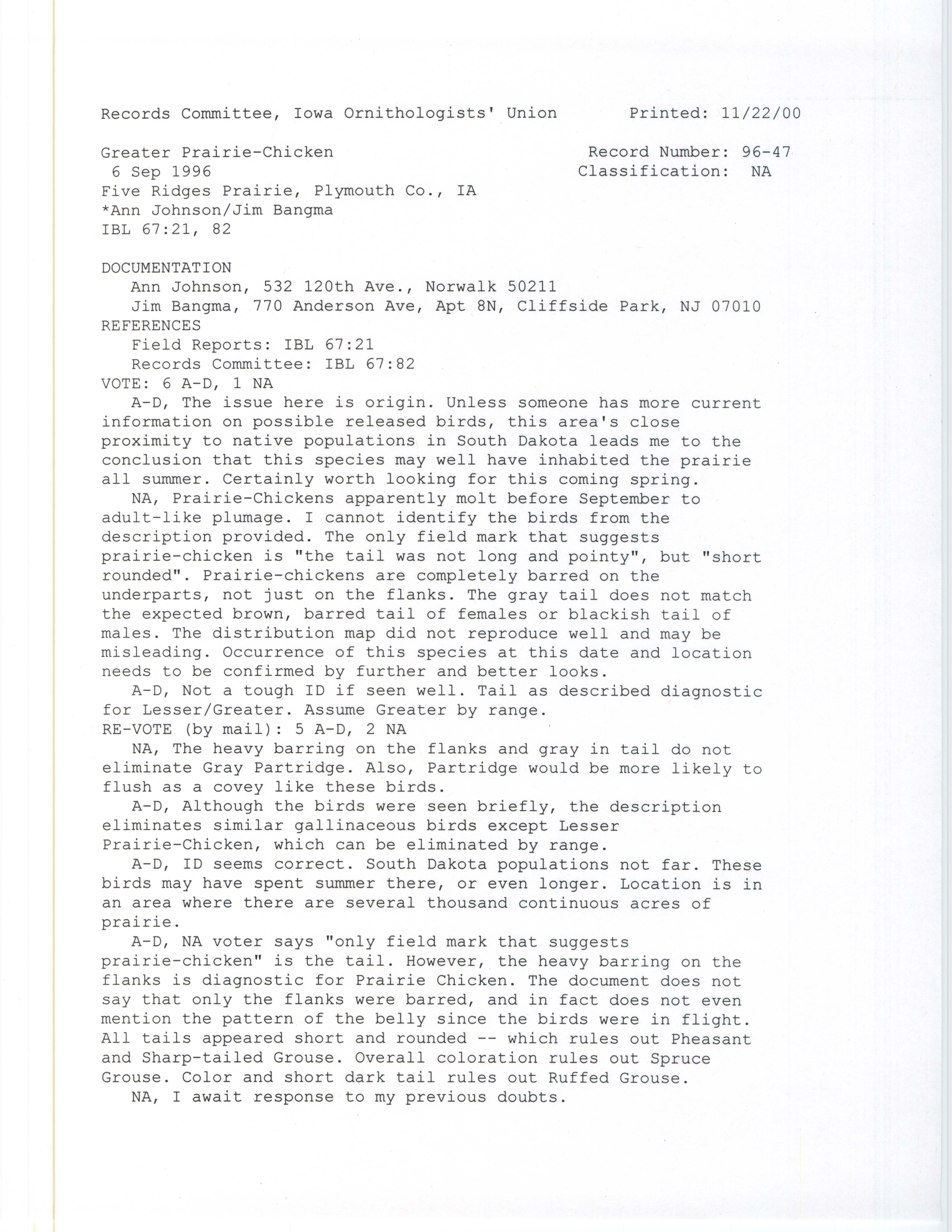 Records Committee review for rare bird sighting of Greater Prairie-Chicken at Five Ridges Prairie, 1996