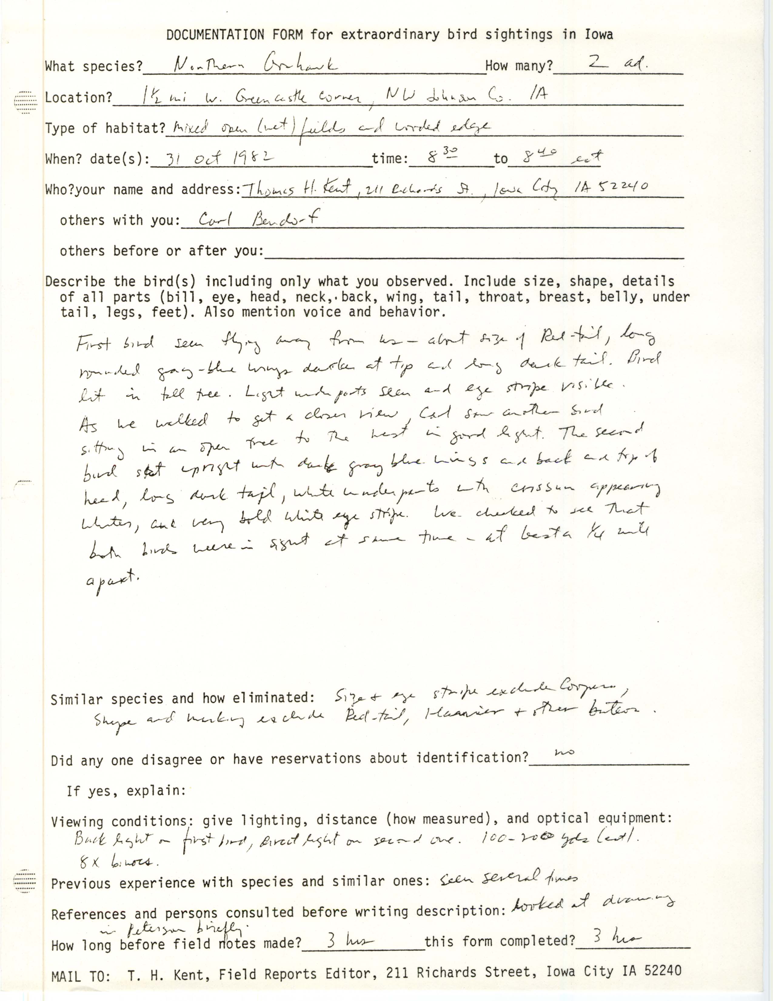 Rare bird documentation form for Northern Goshawk at Green Castle Corner in Johnson County, 1982