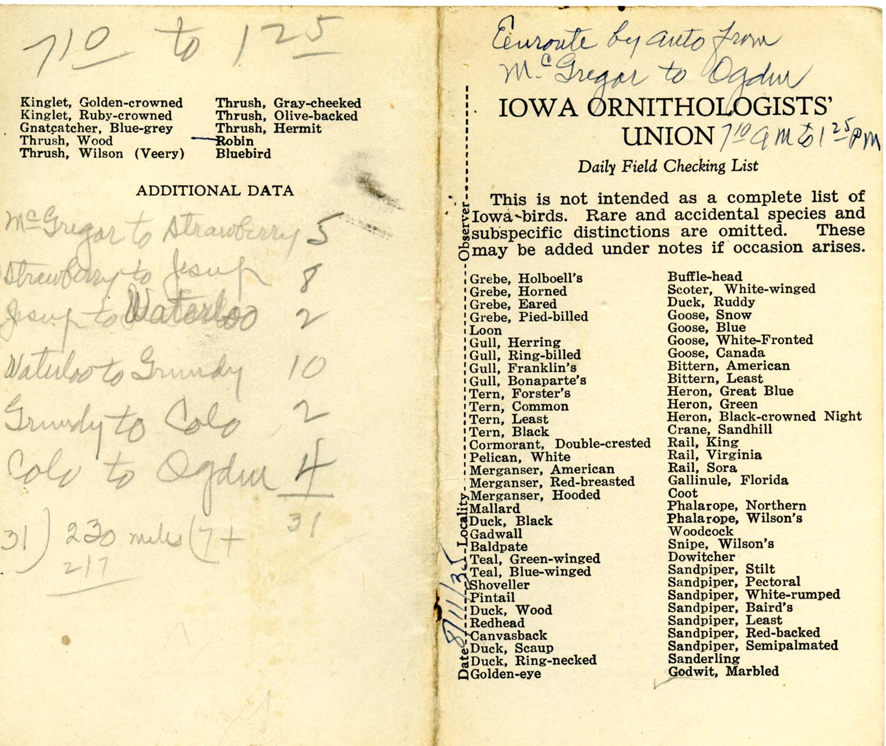 Daily field checking list, Walter Rosene, August 11, 1935