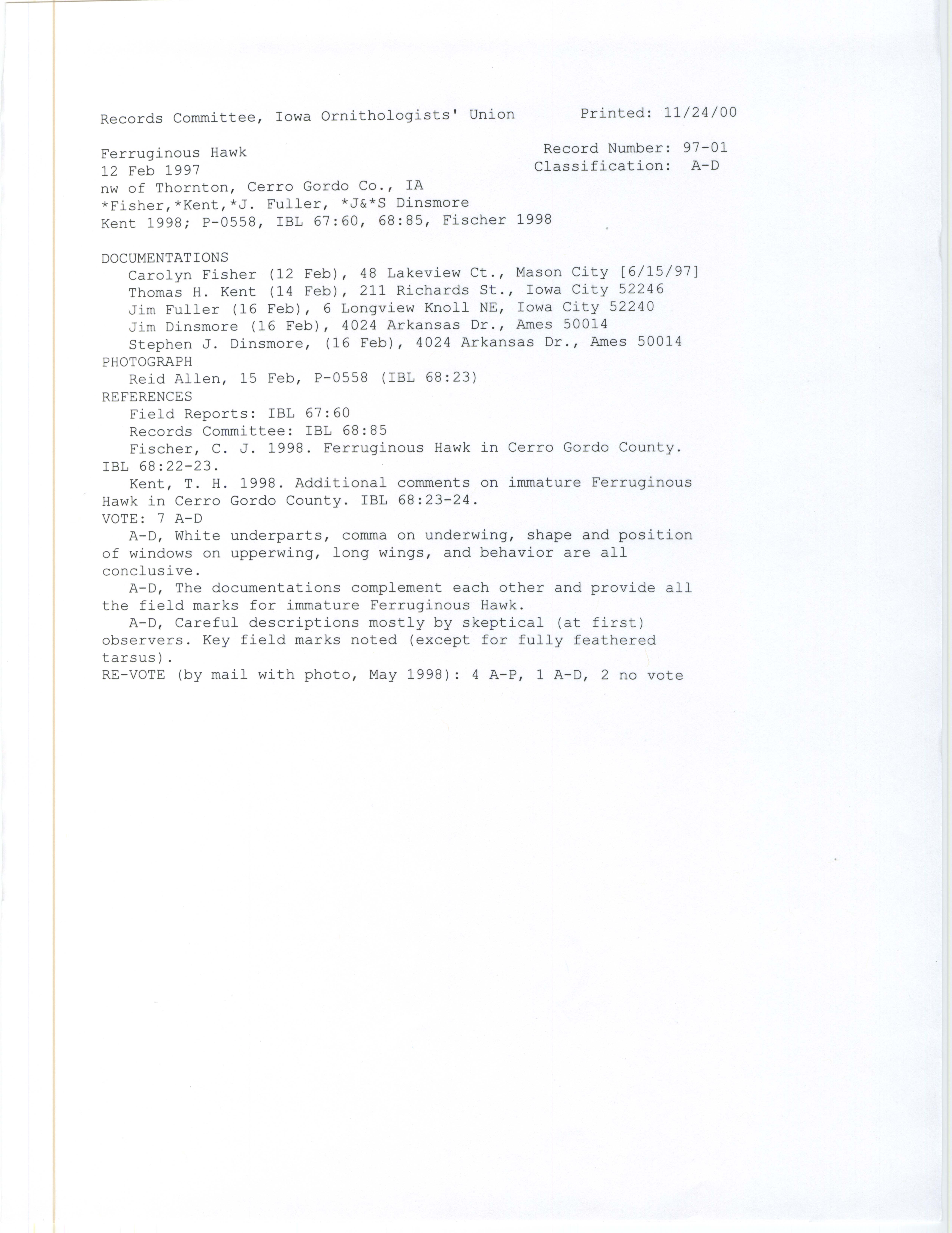 Records Committee review for rare bird sighting of Ferruginous Hawk at Thornton, 1997