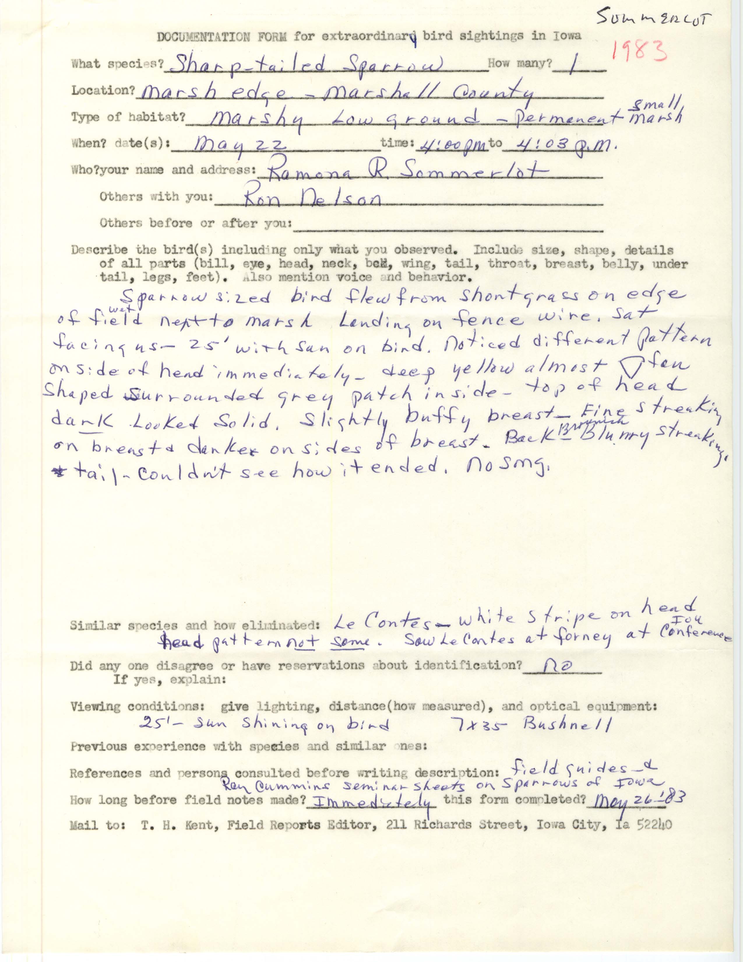 Rare bird documentation form for Sharp-tailed Sparrow at Marshall County, 1983