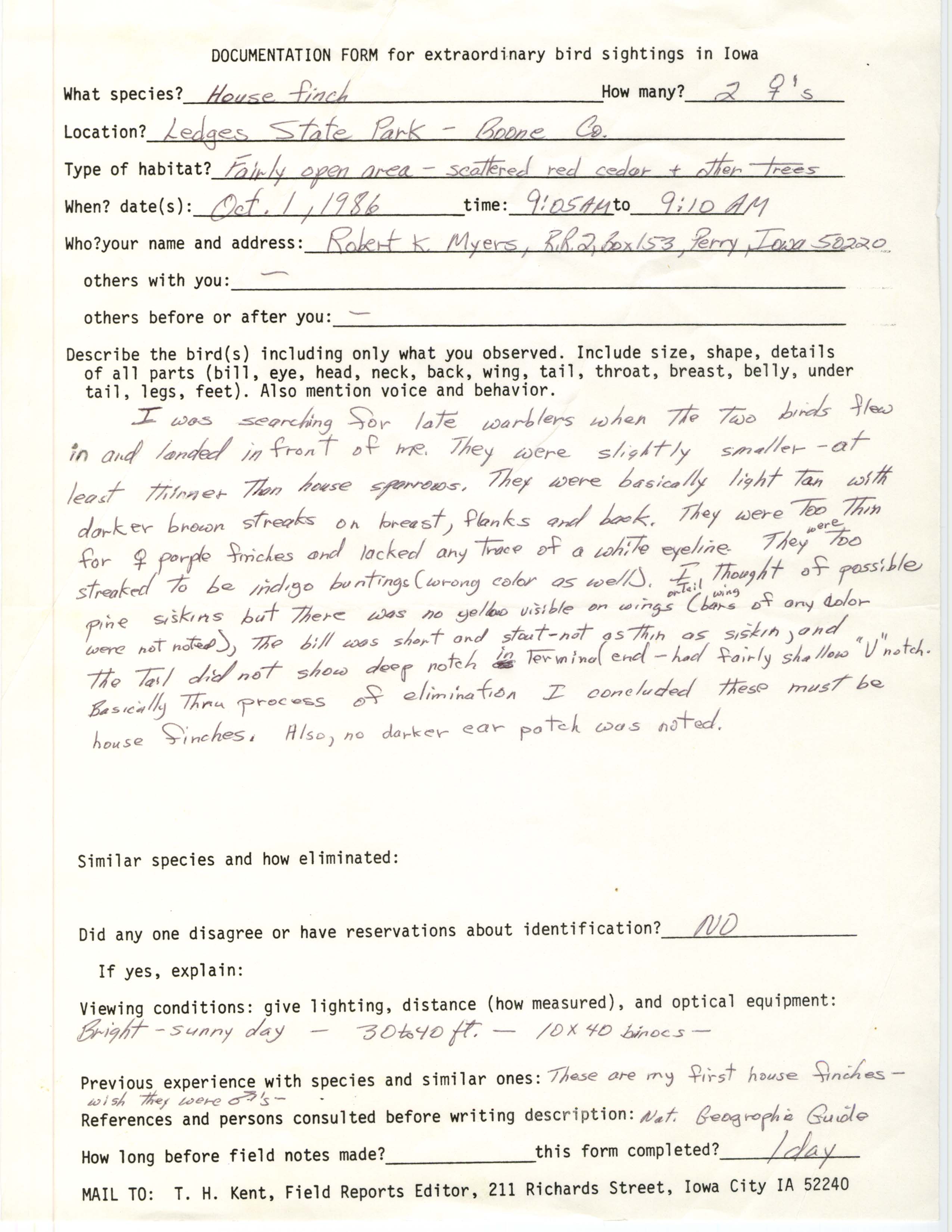 Rare bird documentation form for House Finch at Ledges State Park, 1986