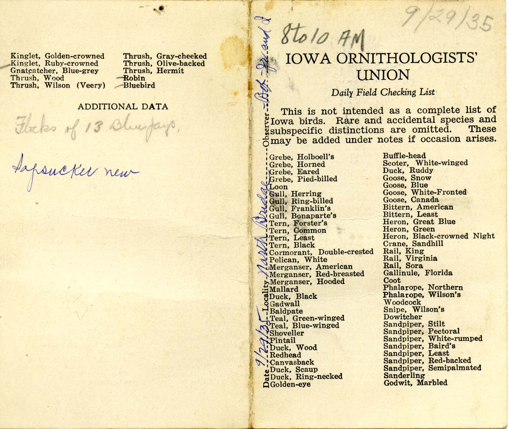 Daily field checking list, Walter Rosene, September 29, 1935