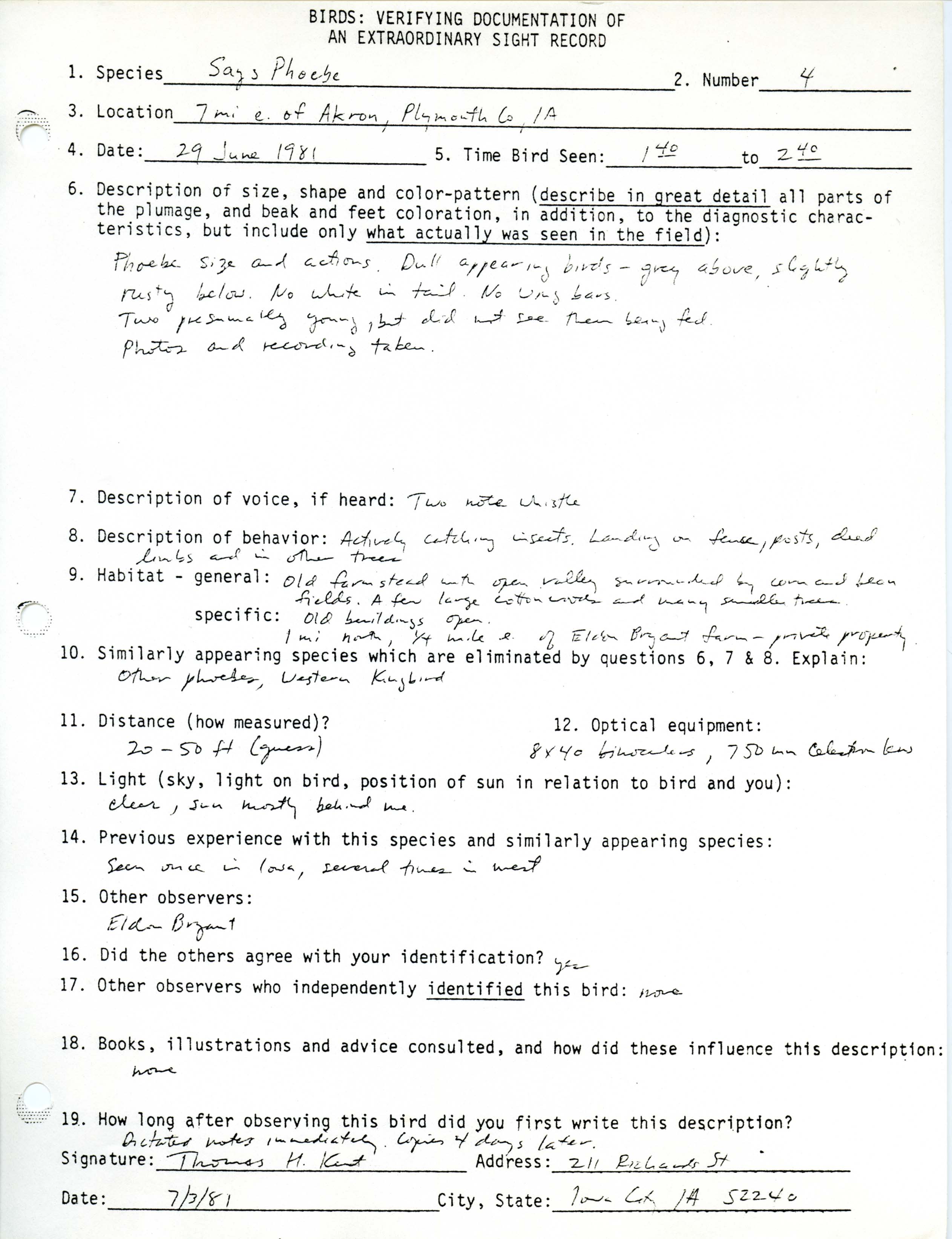 Rare bird documentation form for Say's Phoebe near Ruble, 1981