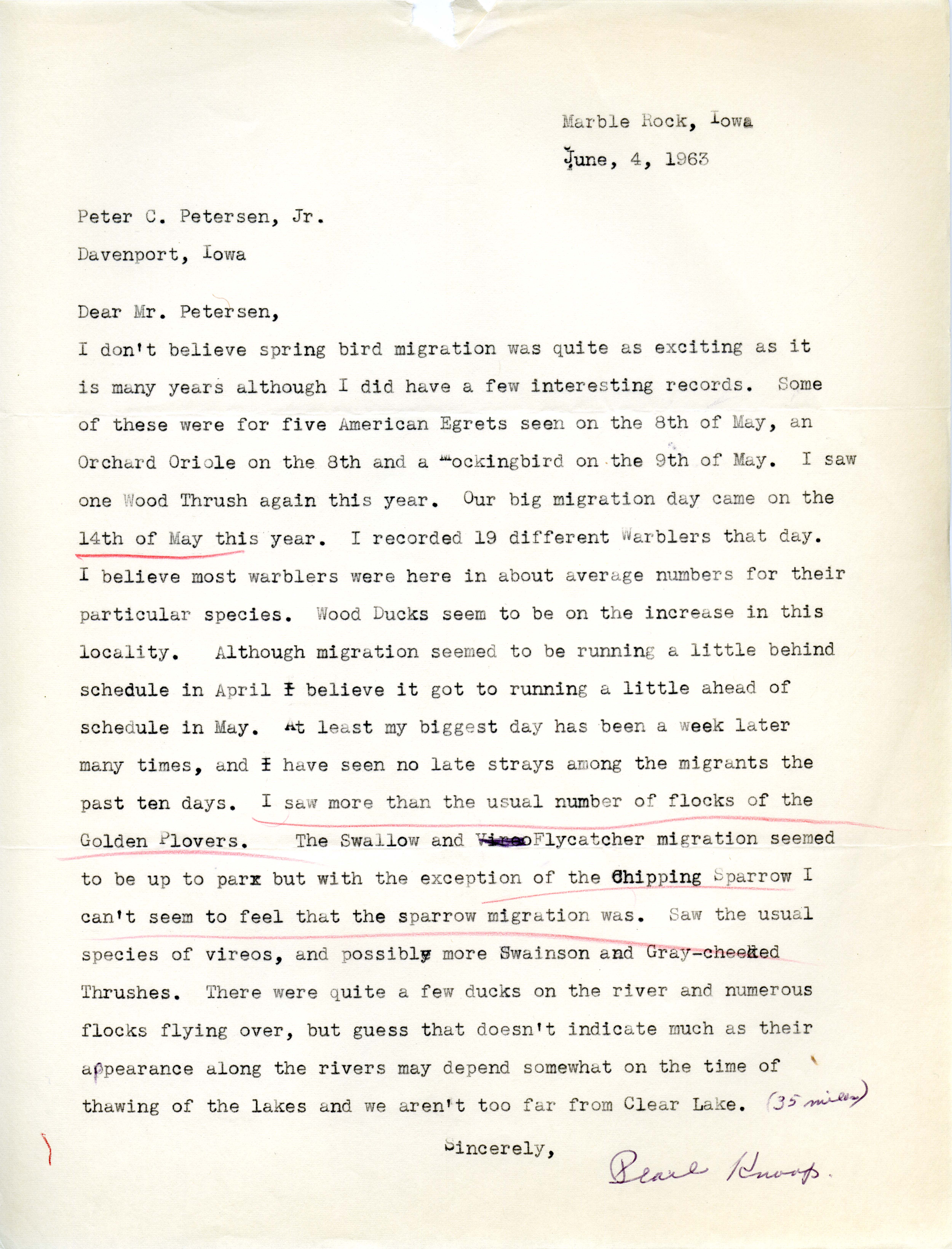 Pearl Knoop letter to Peter C. Petersen regarding spring migration, June 4, 1963 