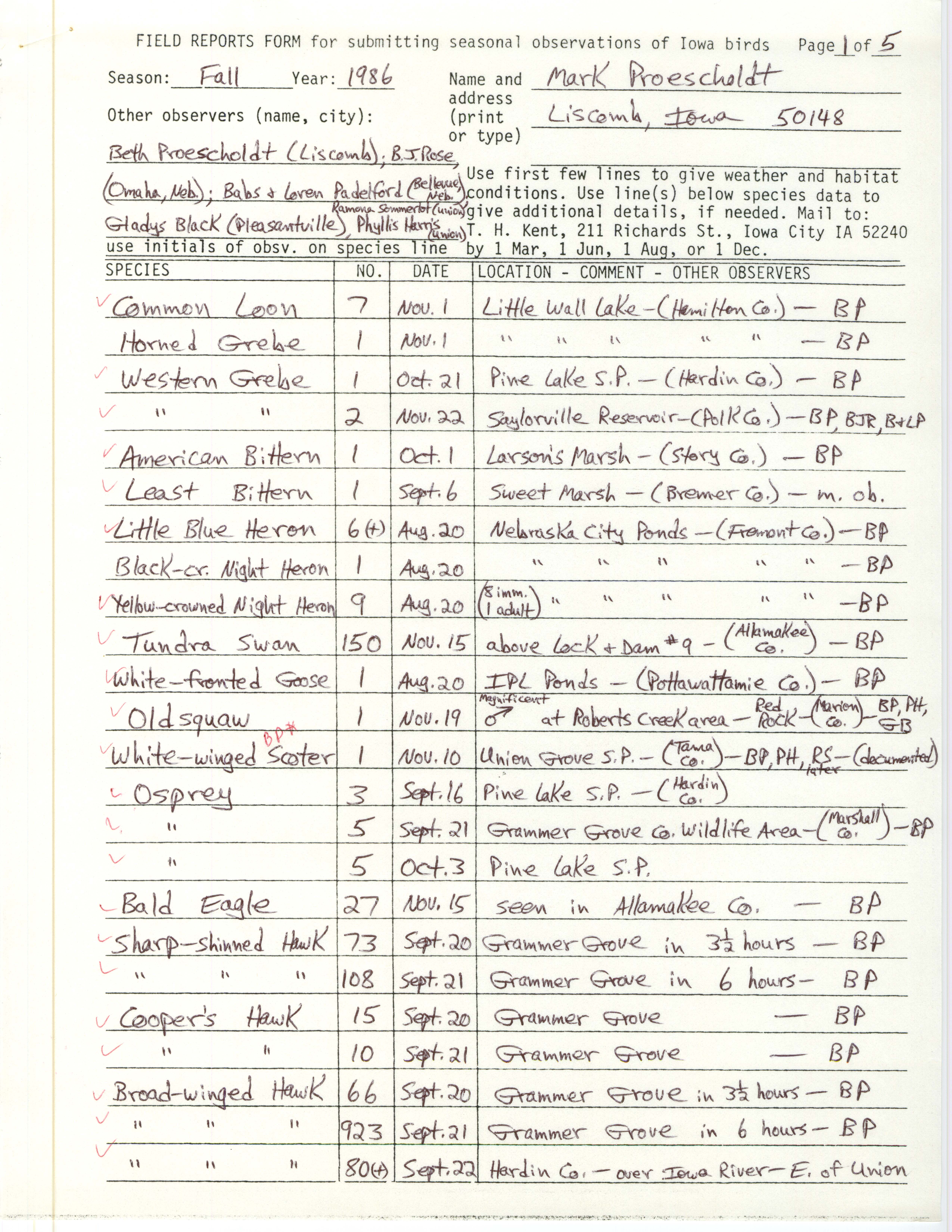 Field reports form for submitting seasonal observations of Iowa birds, Mark Proescholdt, fall 1986