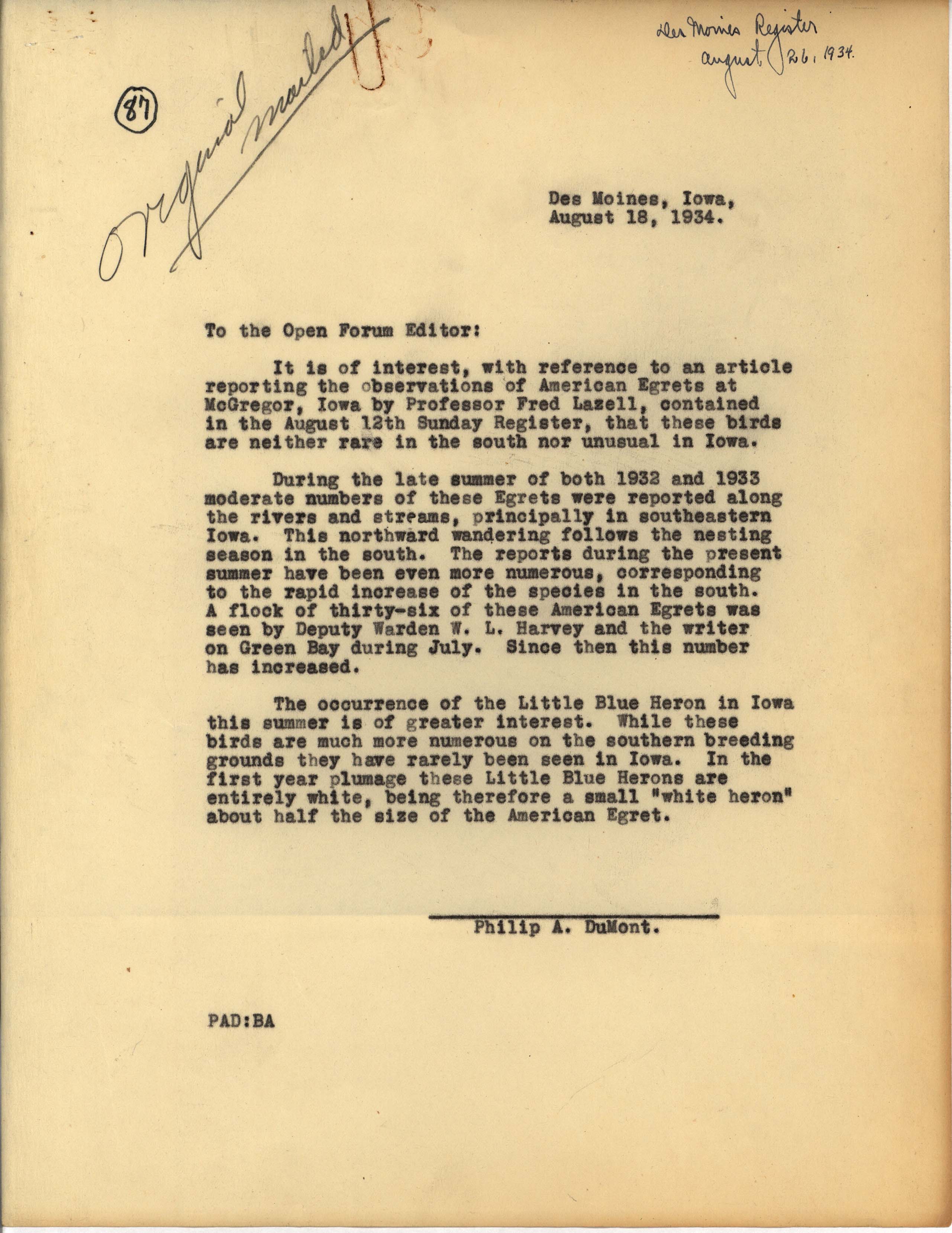 Philip DuMont letter to the Des Moines Register regarding an article about American Egrets, August 18, 1934