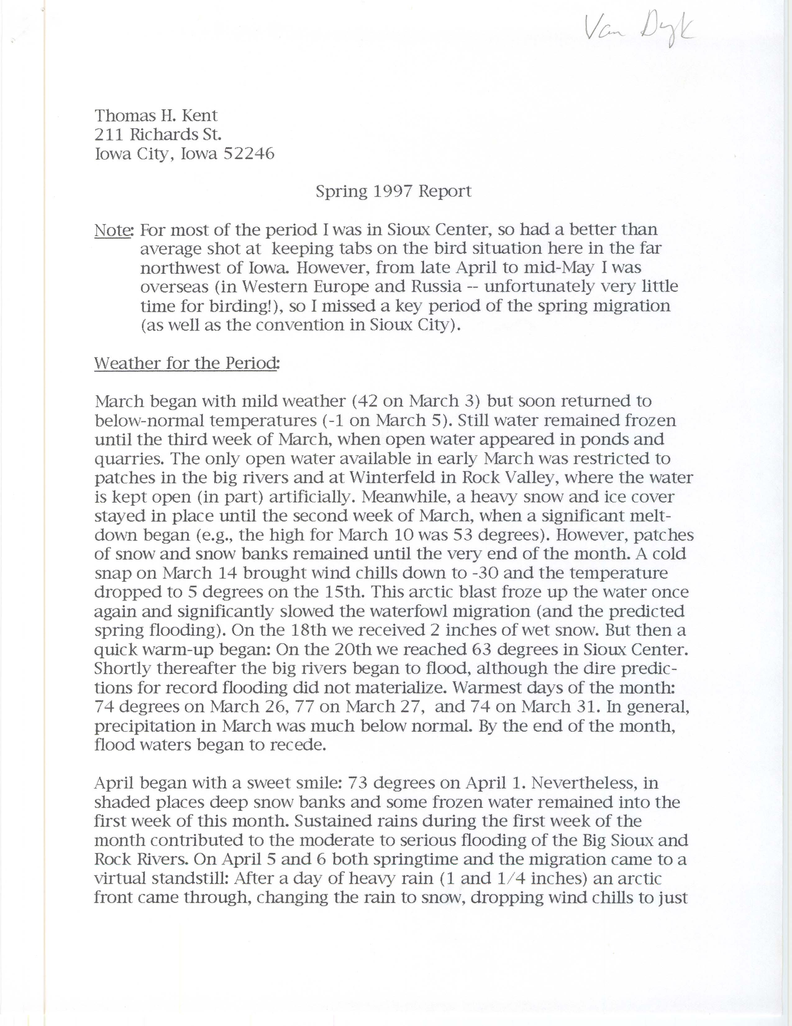 John Van Dyk letter to Thomas H. Kent regarding bird sightings, June 1, 1997