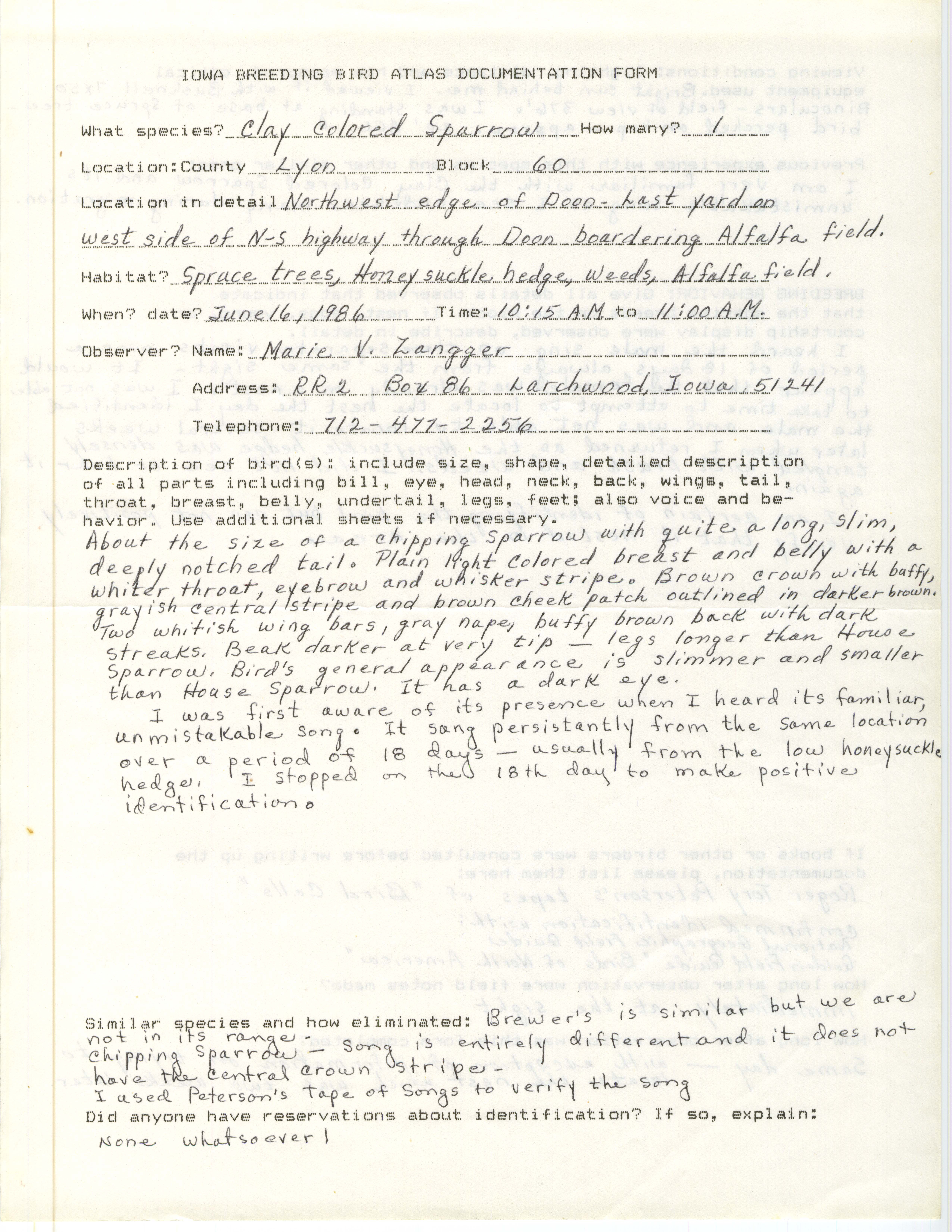 Iowa Breeding Bird Atlas documentation form, Dolly Zangger, June 16, 1986