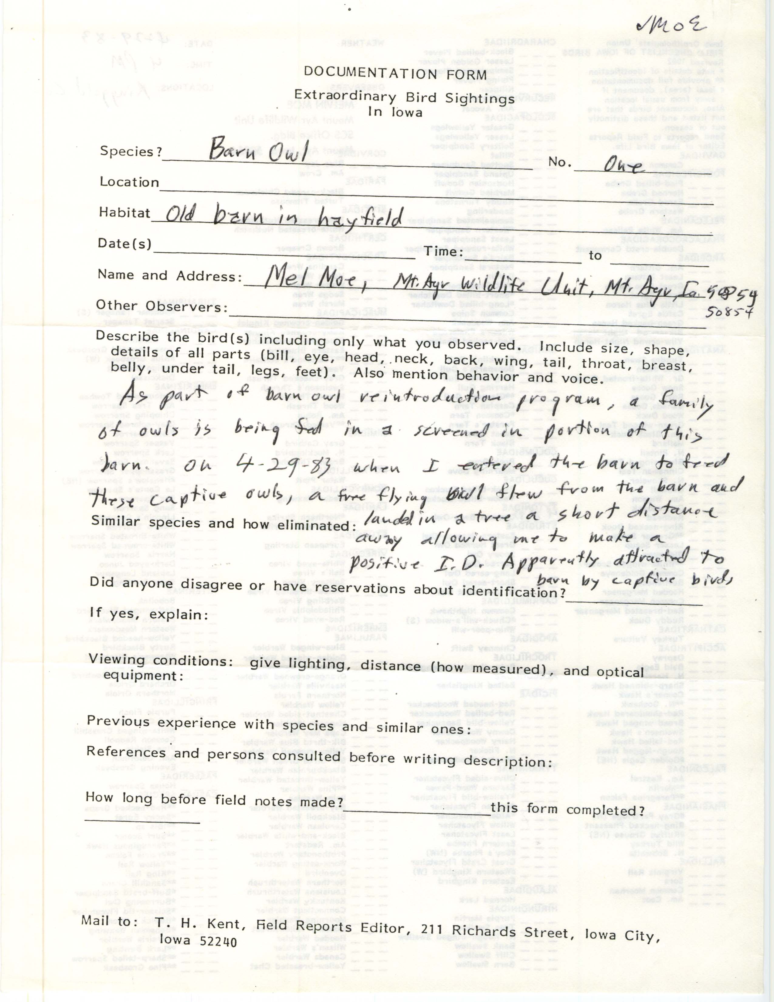 Rare bird documentation form and field checklist for Barn Owl at Mount Ayr State Wildlife Area in 1983