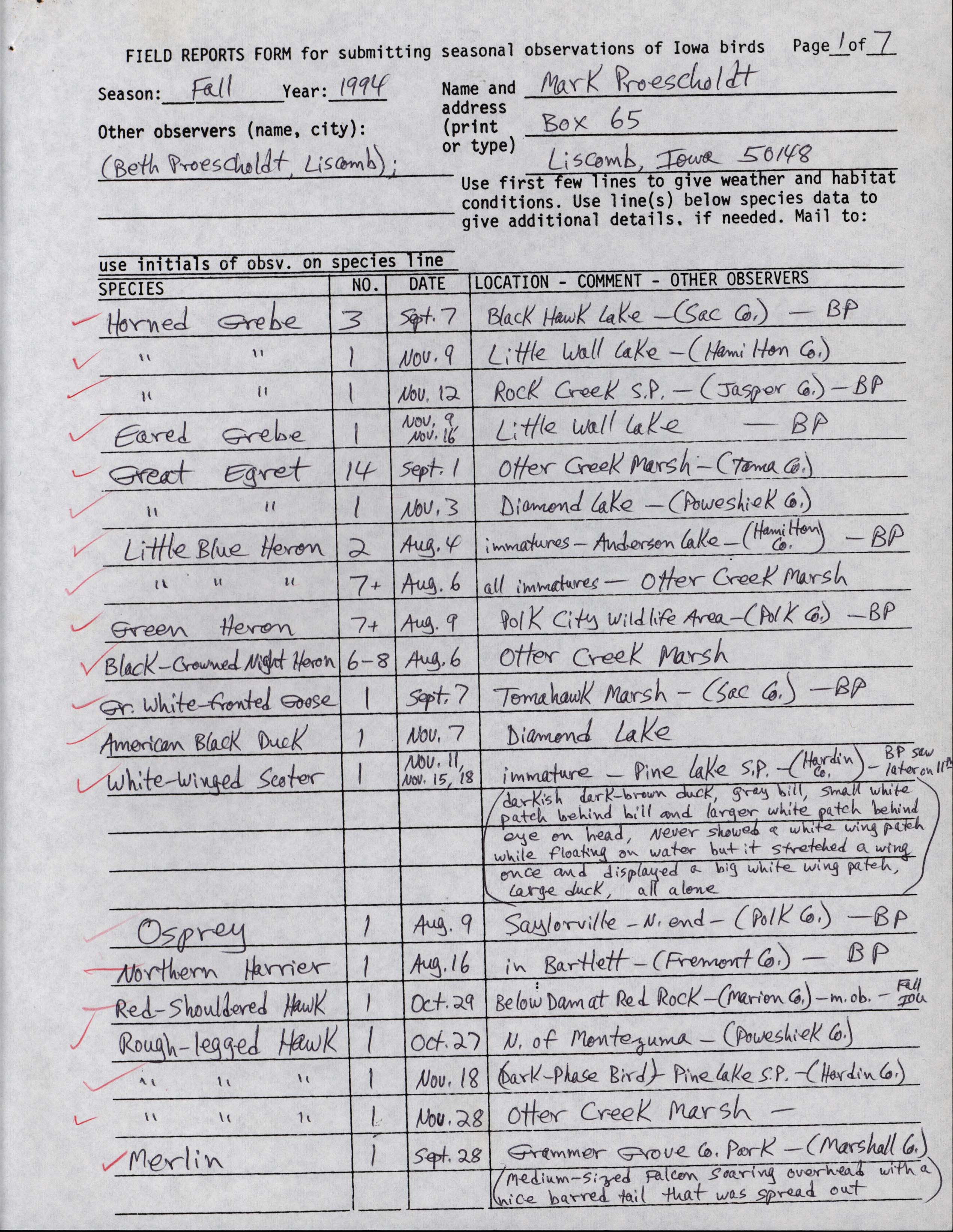 Field reports form for submitting seasonal observations of Iowa birds, Mark Proescholdt, fall 1994
