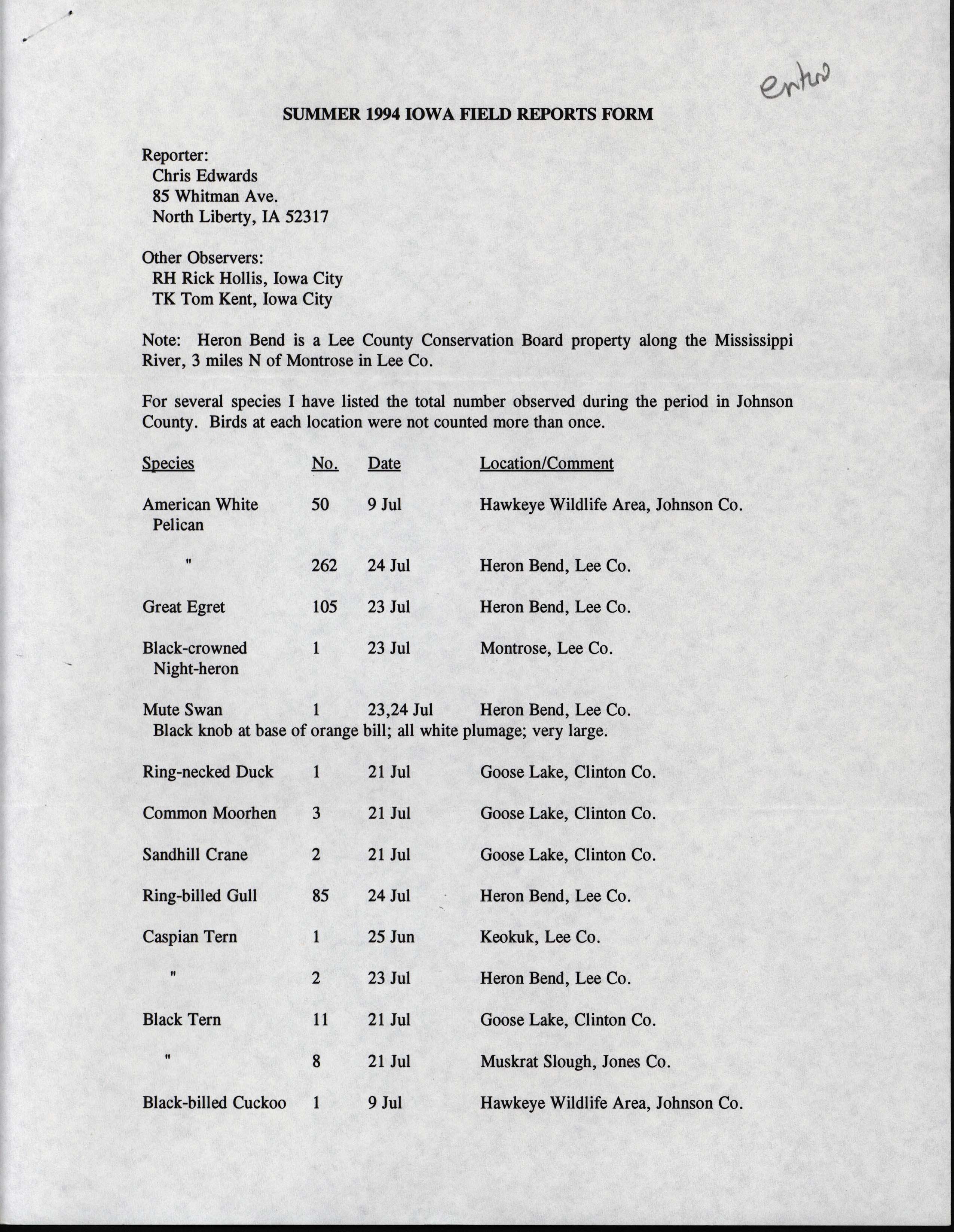 Summer 1994 Iowa field reports form, Chris Edwards