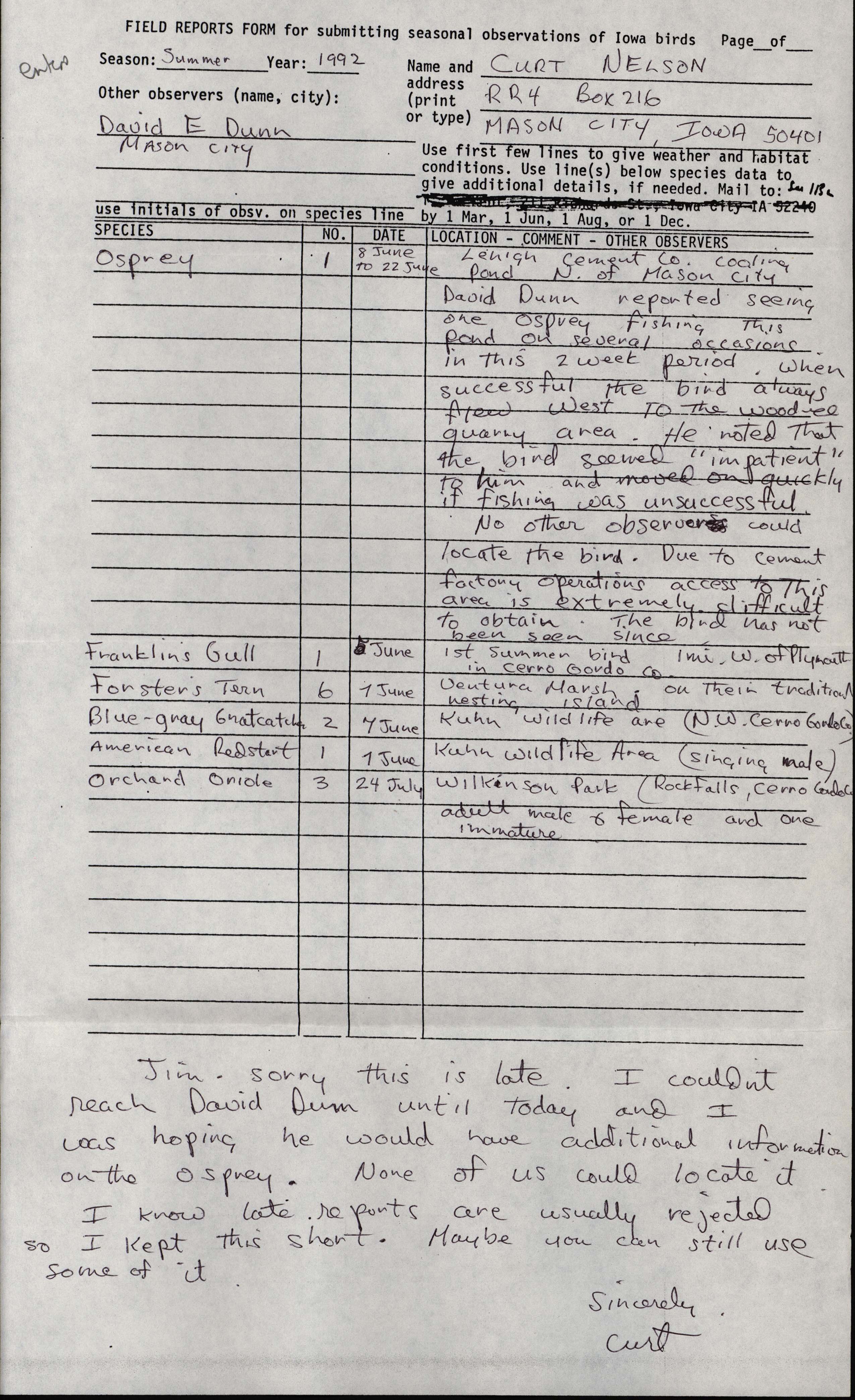 Field reports form for submitting seasonal observations of Iowa birds, Curtis Nelson, summer 1992