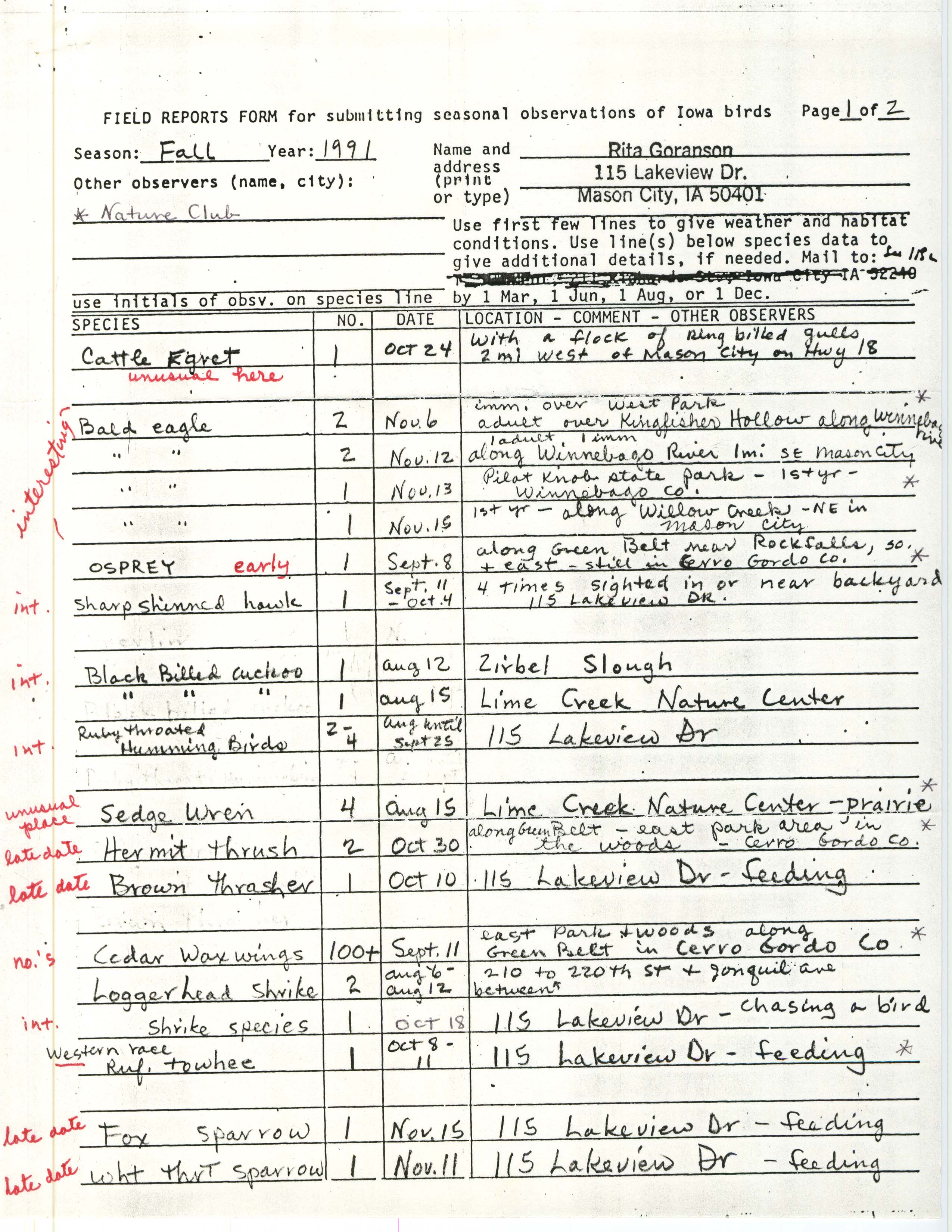Field notes and Rita Goranson letter to Thomas H. Kent, November 29, 1991