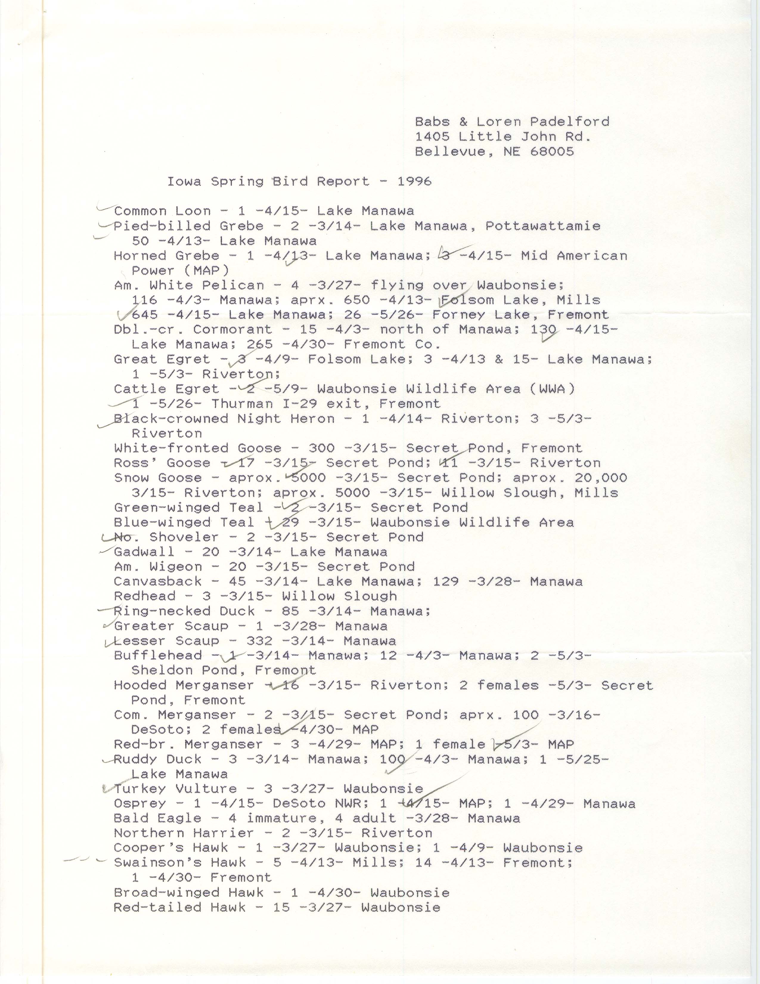 Iowa spring bird report contributed by Babs Padelford and Loren Padelford, spring 1996