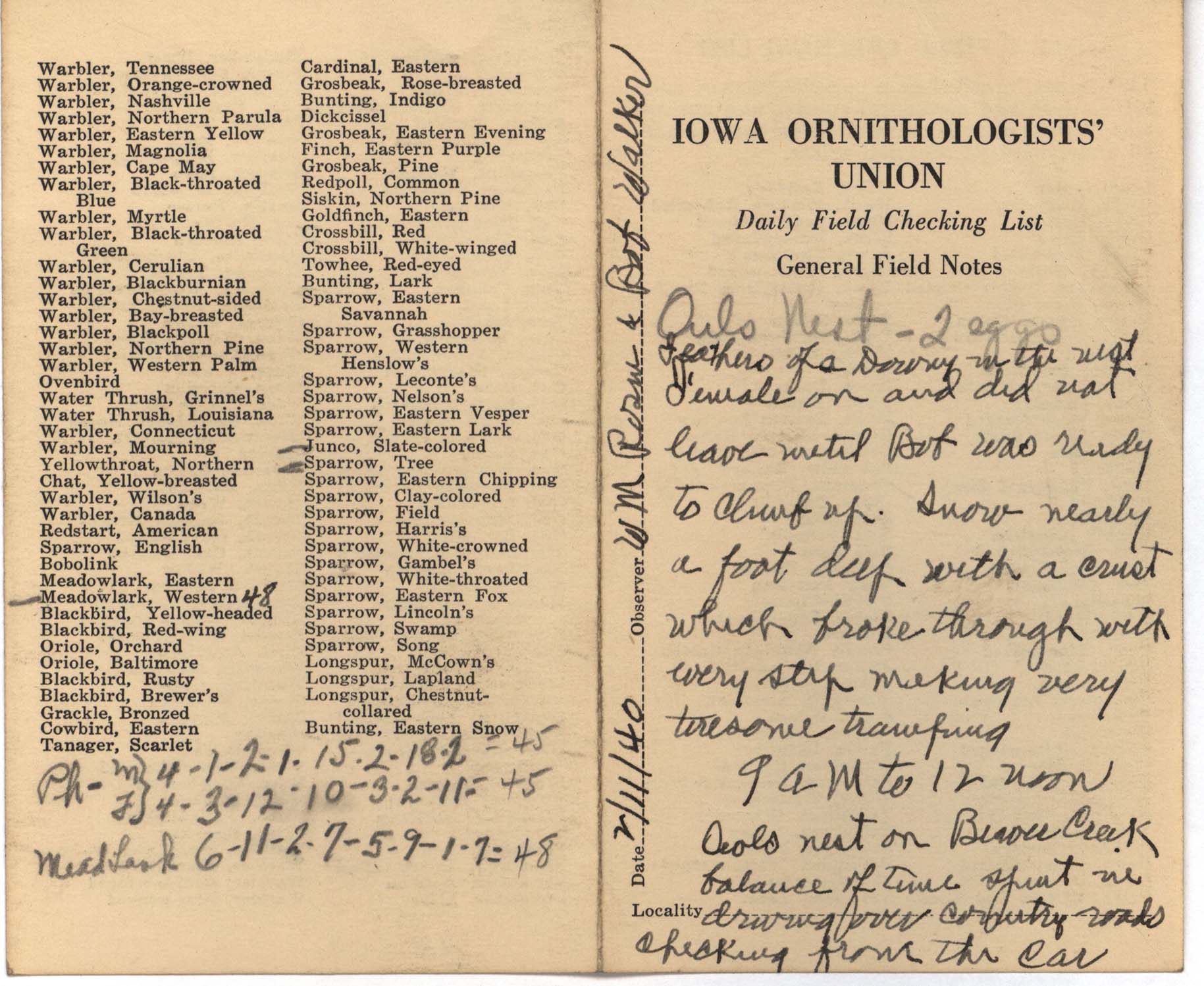 Daily field checking list by Walter Rosene, February 11, 1940