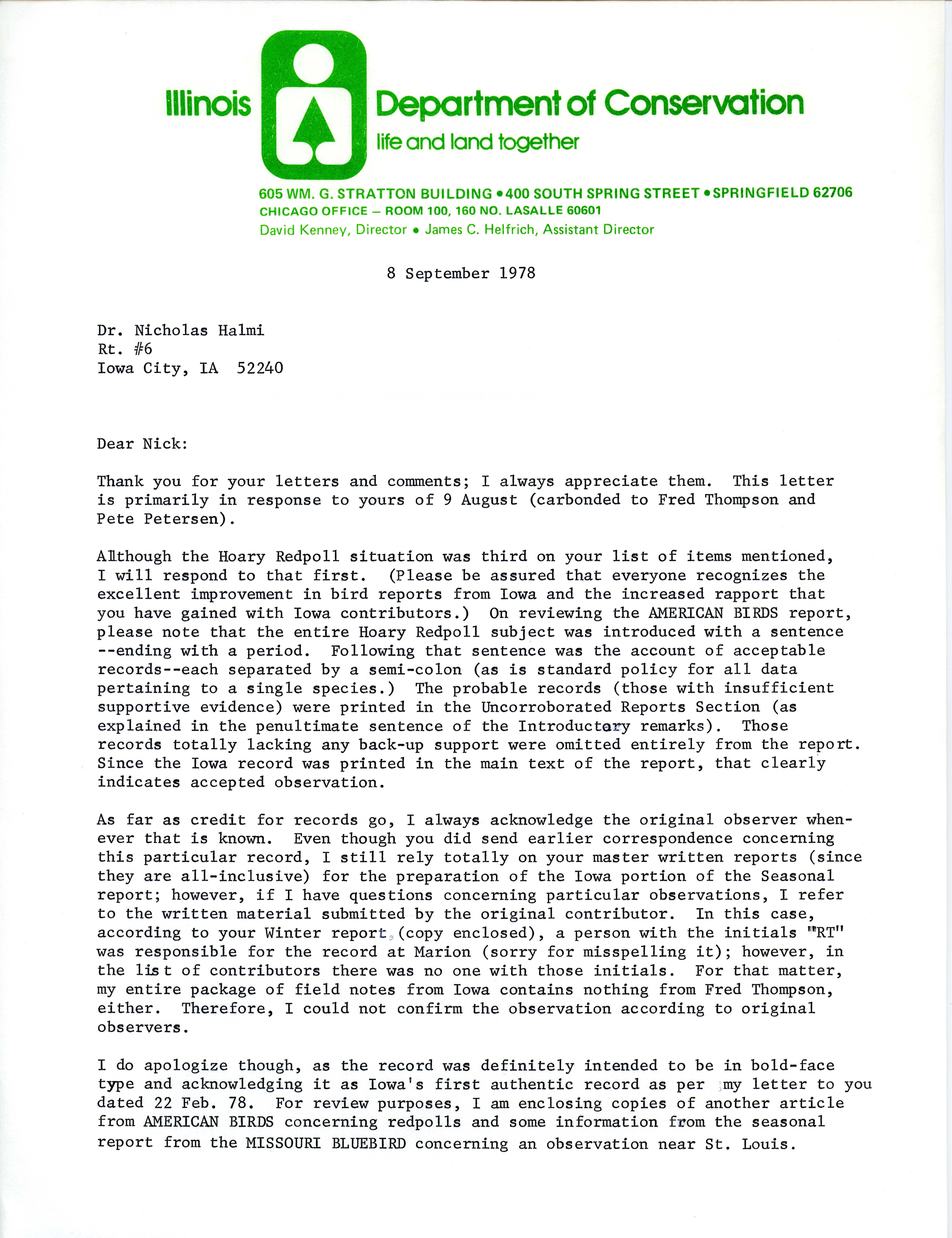 Vernon M. Kleen letter to Nicholas S. Halmi regarding publication of bird reports, September 8, 1978