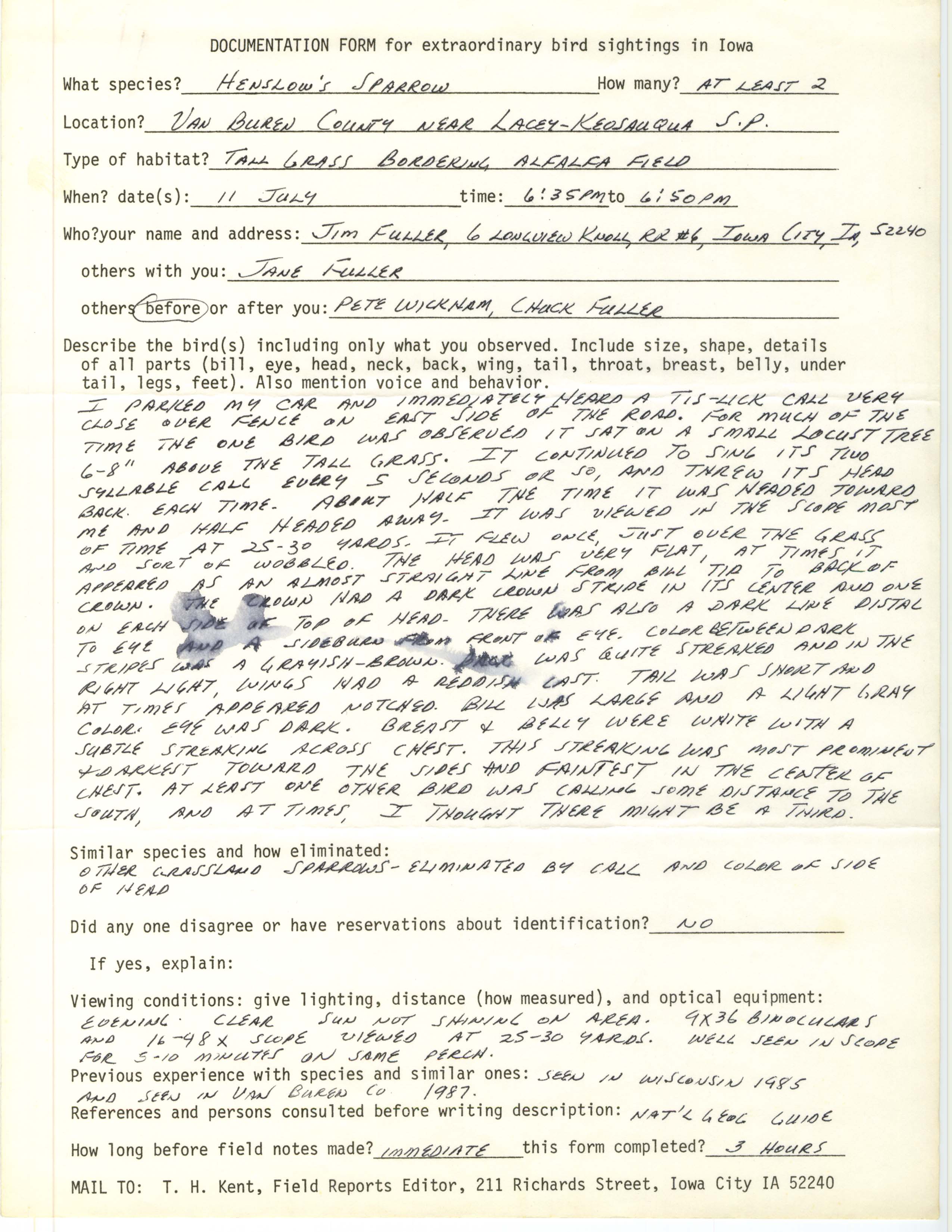Rare bird documentation form for Henslow's Sparrow near Lacey-Keosauqua State Park, 1988