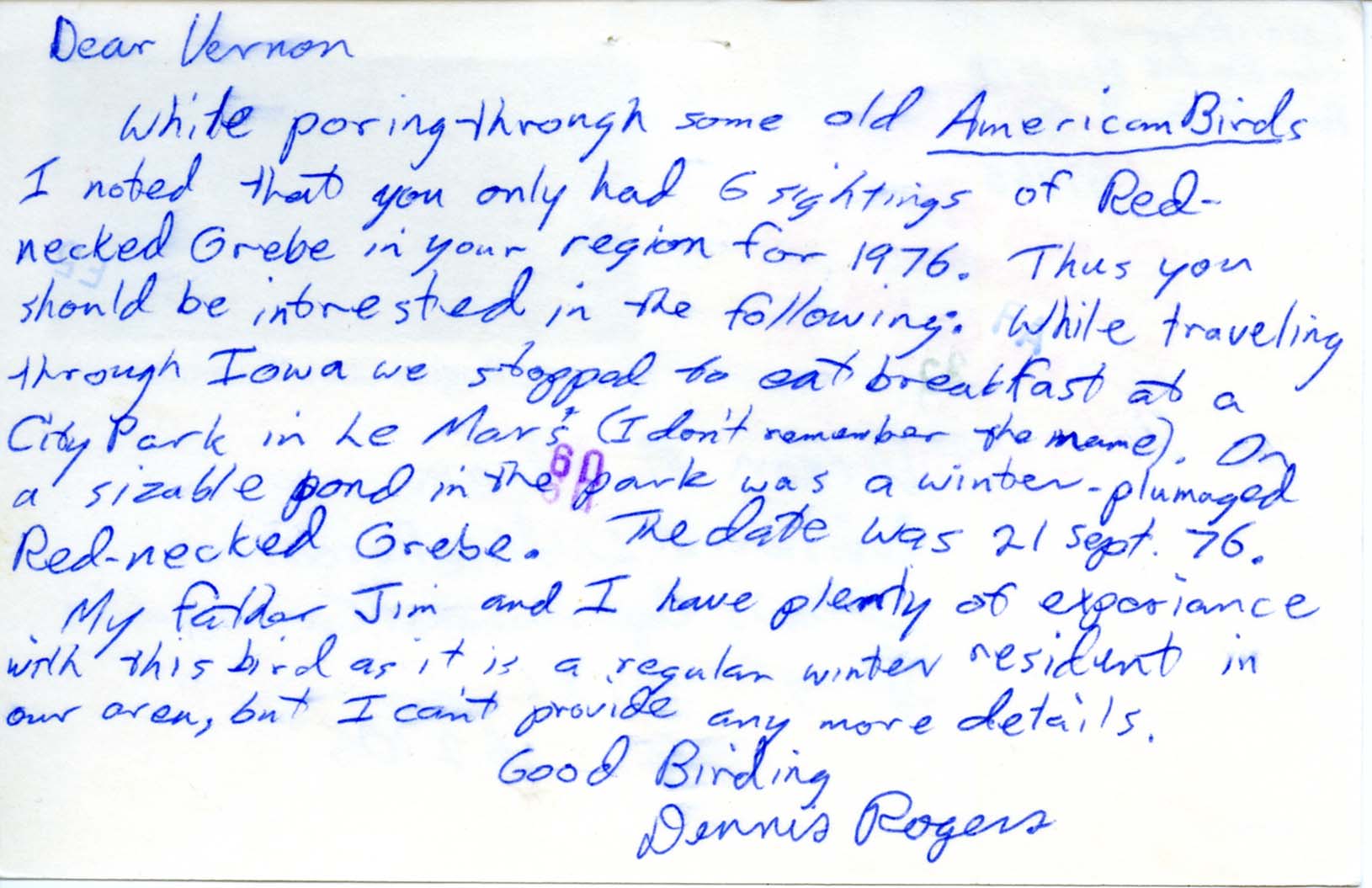 Dennis Rogers postcard to Vernon Kleen regarding a Red-Necked Grebe sighting, November 26, 1979