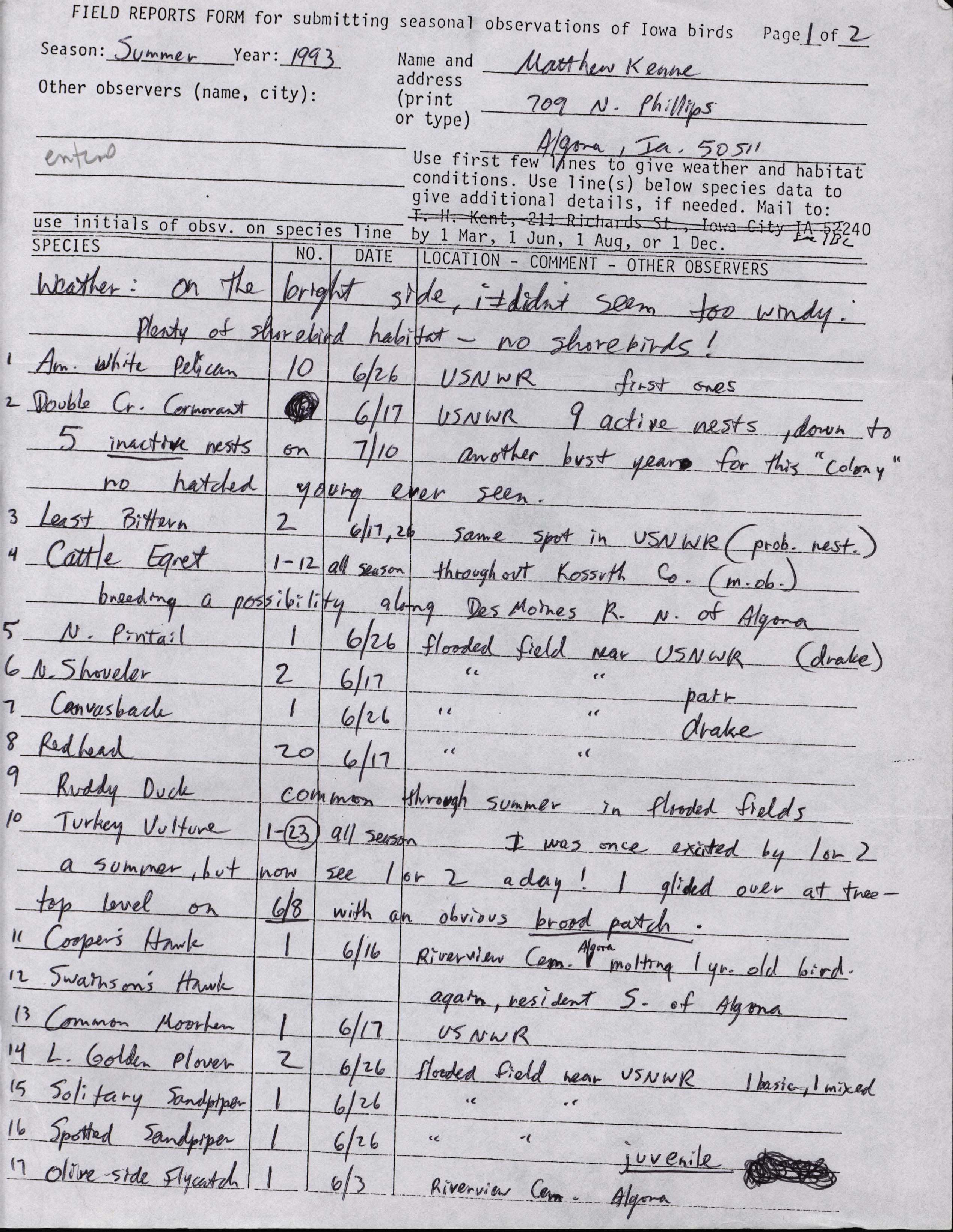 Field reports form for submitting seasonal observations of Iowa birds, Matthew Kenne, summer 1993