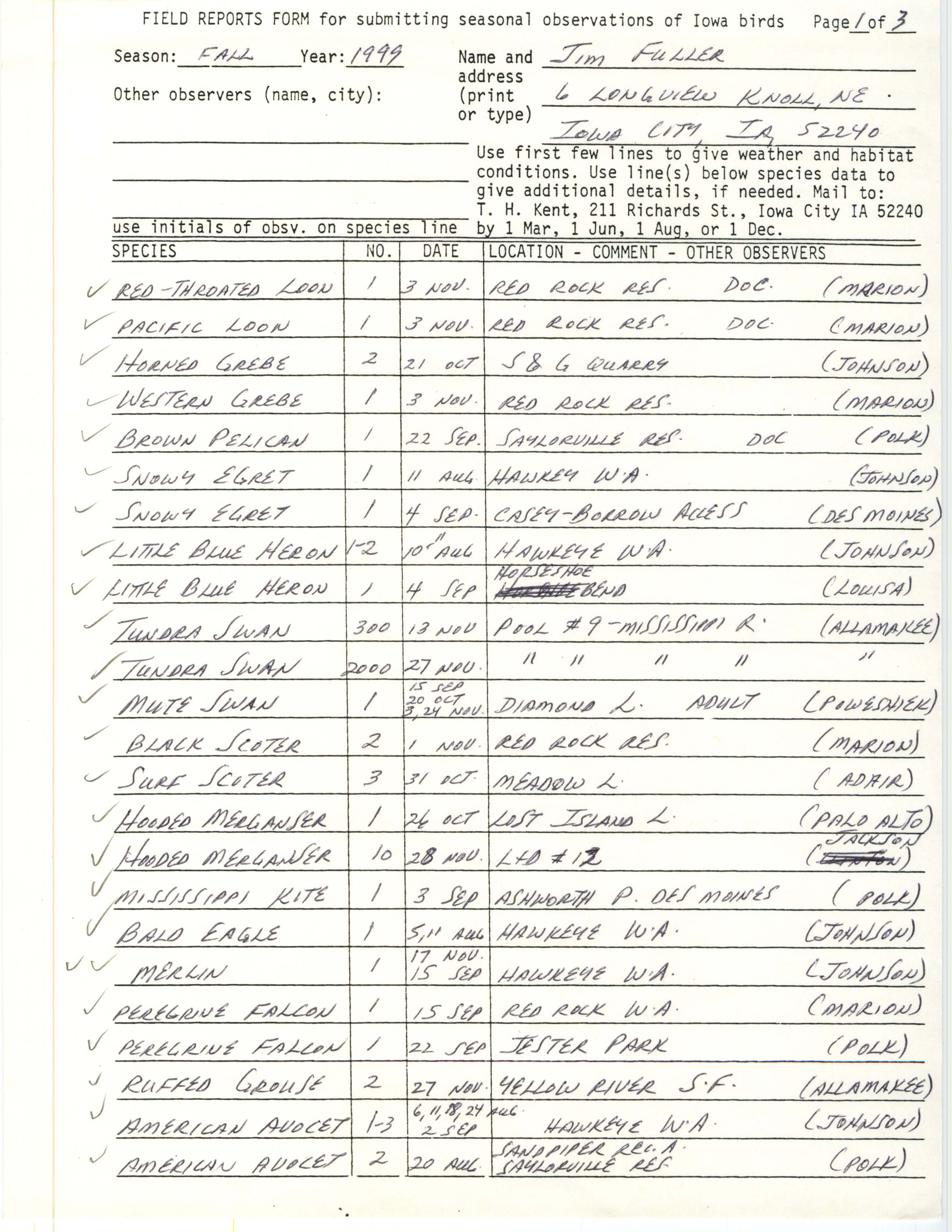 Field reports form for submitting seasonal observations of Iowa birds, fall 1999, Jim Fuller